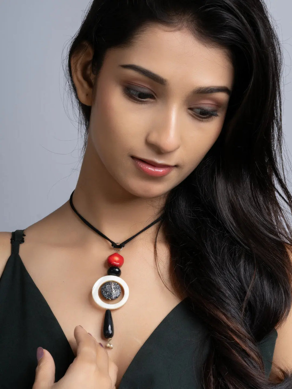 Black White Red Lava Onyx Coral Sleek Necklace With Adjustable Suede Cord LOOK AND ADORN - designed for you