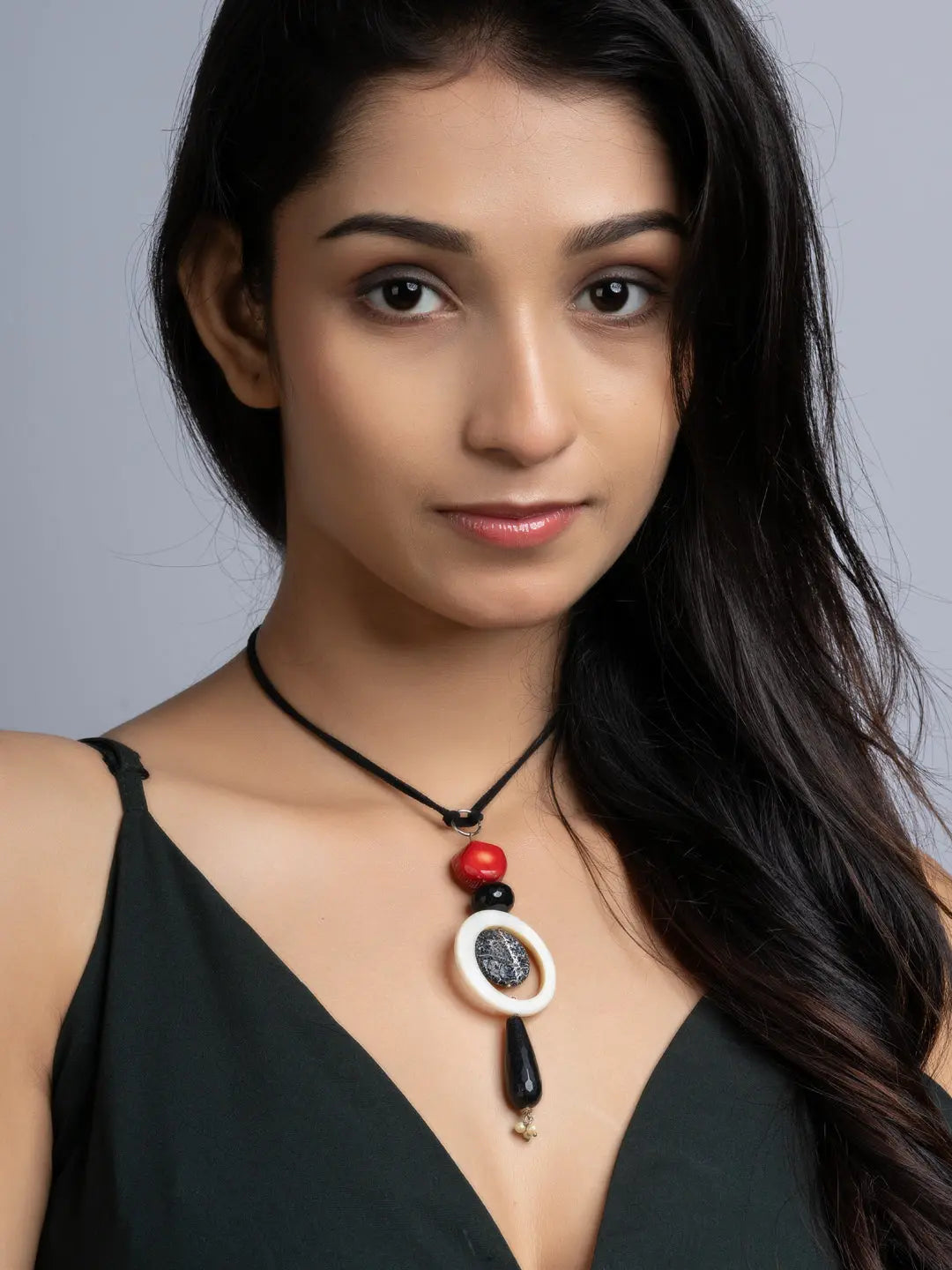 Black White Red Lava Onyx Coral Sleek Necklace With Adjustable Suede Cord LOOK AND ADORN - designed for you