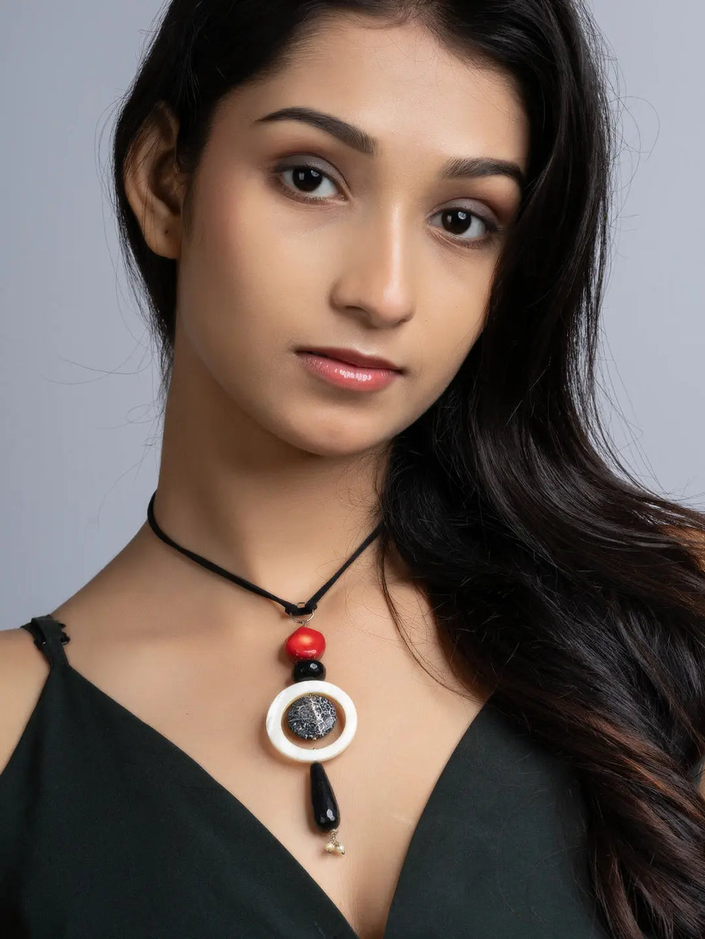 Black White Red Lava Onyx Coral Sleek Necklace With Adjustable Suede Cord LOOK AND ADORN - designed for you