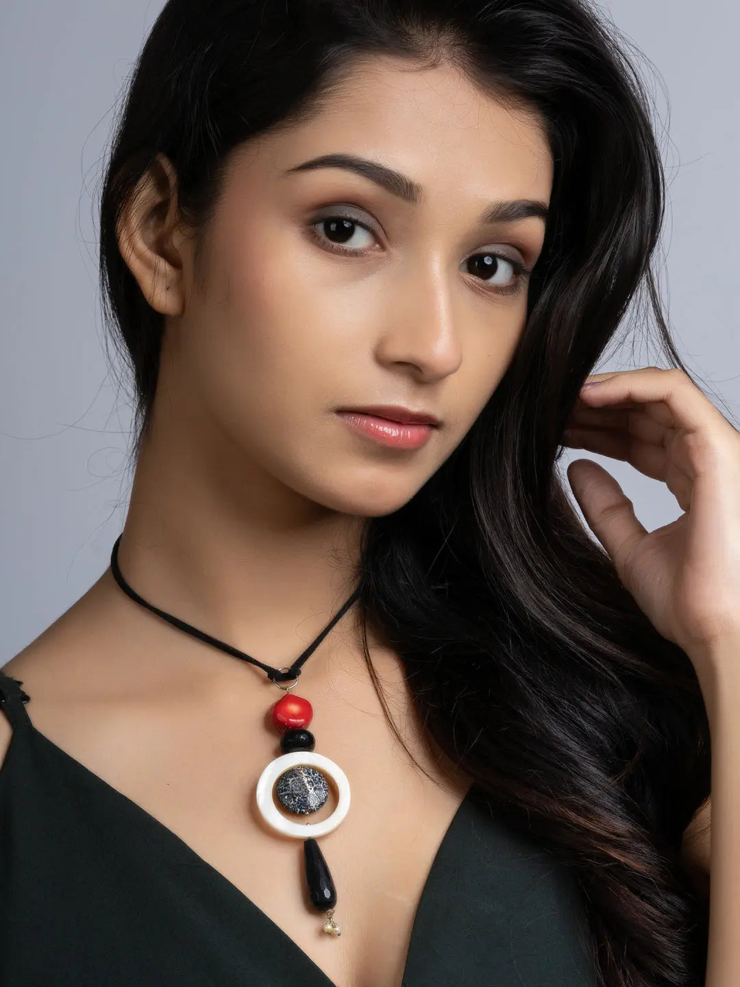 Black White Red Lava Onyx Coral Sleek Necklace With Adjustable Suede Cord LOOK AND ADORN - designed for you