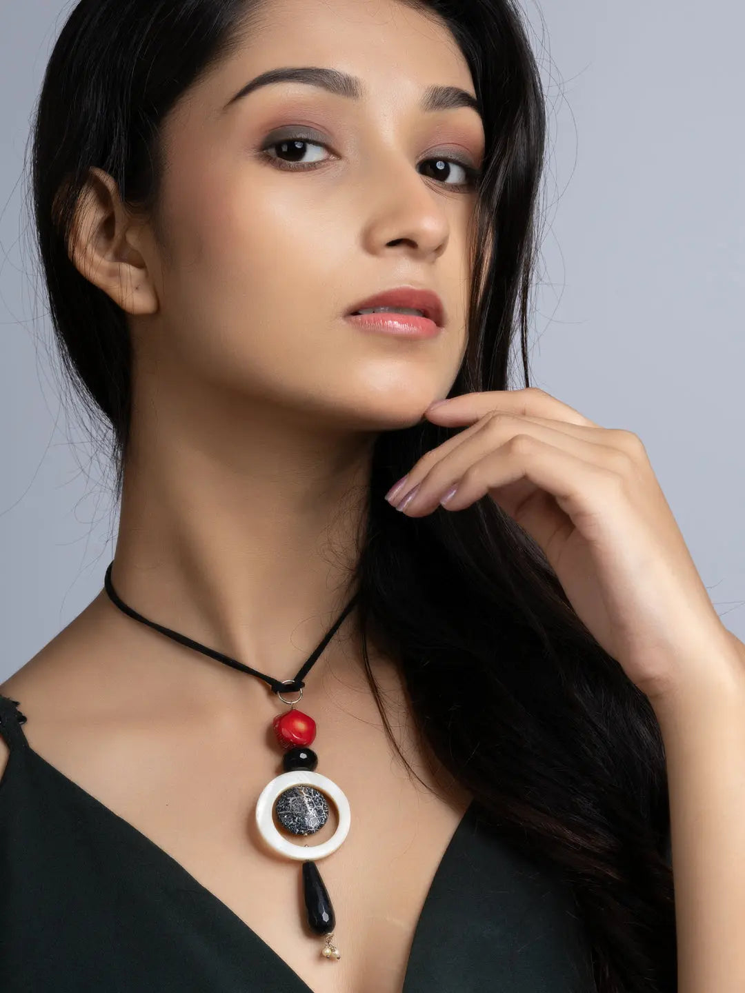 Black White Red Lava Onyx Coral Sleek Necklace With Adjustable Suede Cord LOOK AND ADORN - designed for you