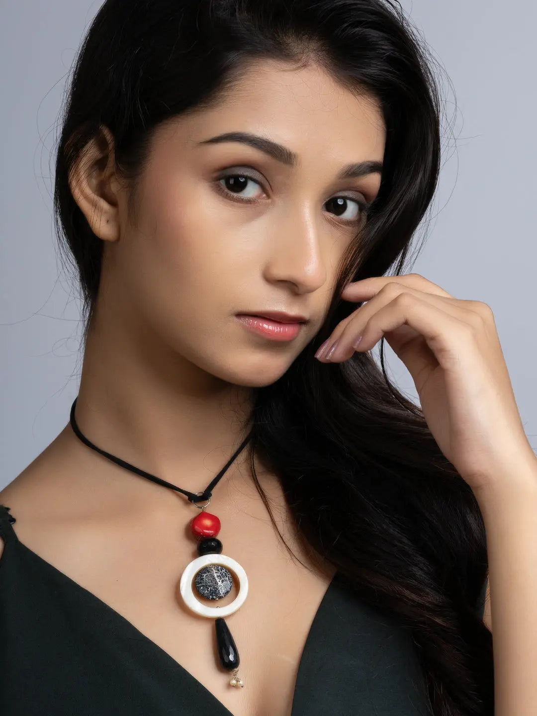 Black White Red Lava Onyx Coral Sleek Necklace With Adjustable Suede Cord LOOK AND ADORN - designed for you