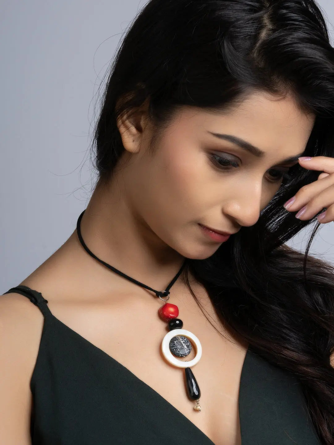 Black White Red Lava Onyx Coral Sleek Necklace With Adjustable Suede Cord LOOK AND ADORN - designed for you