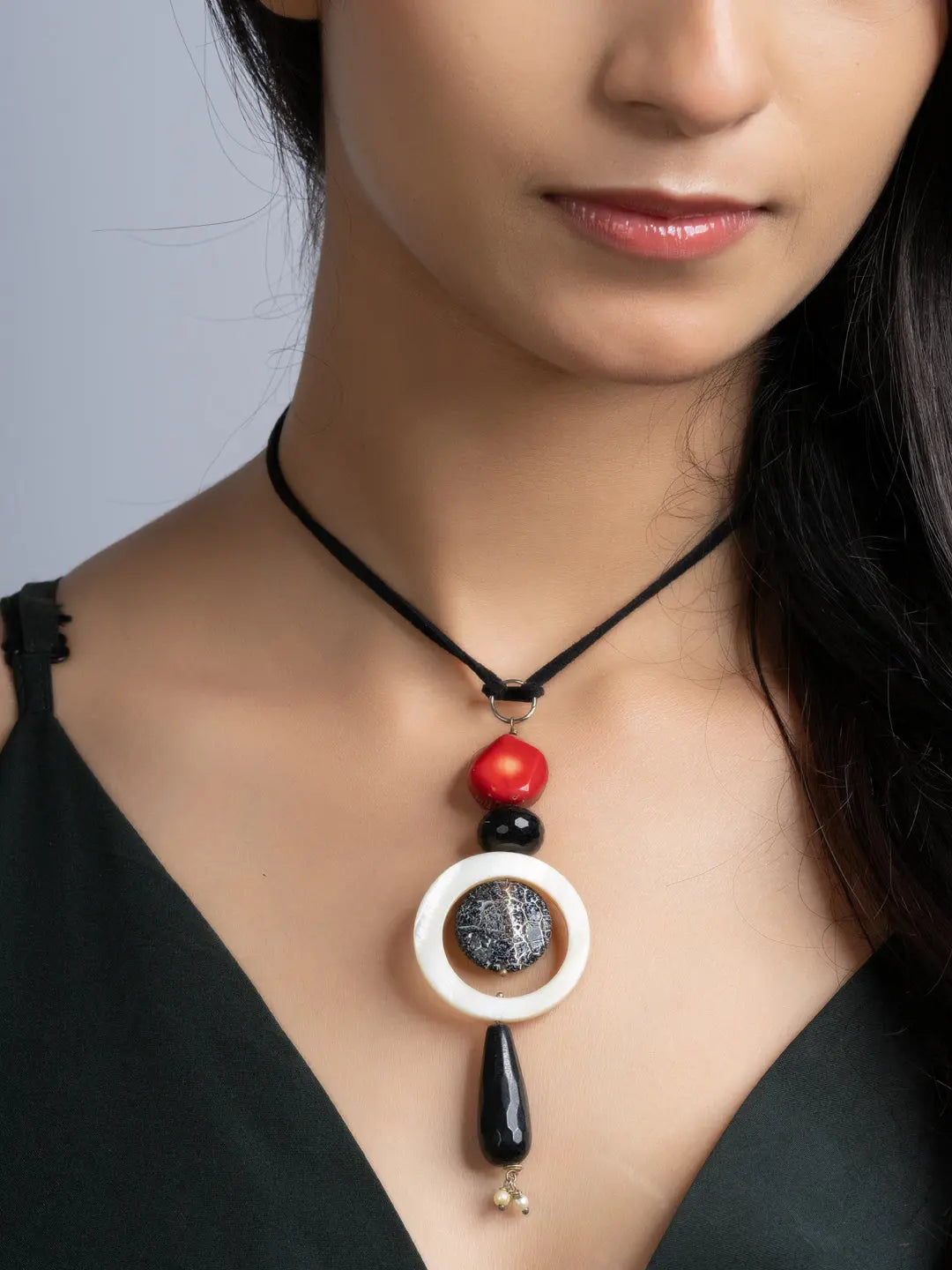 Black White Red Lava Onyx Coral Sleek Necklace With Adjustable Suede Cord LOOK AND ADORN - designed for you