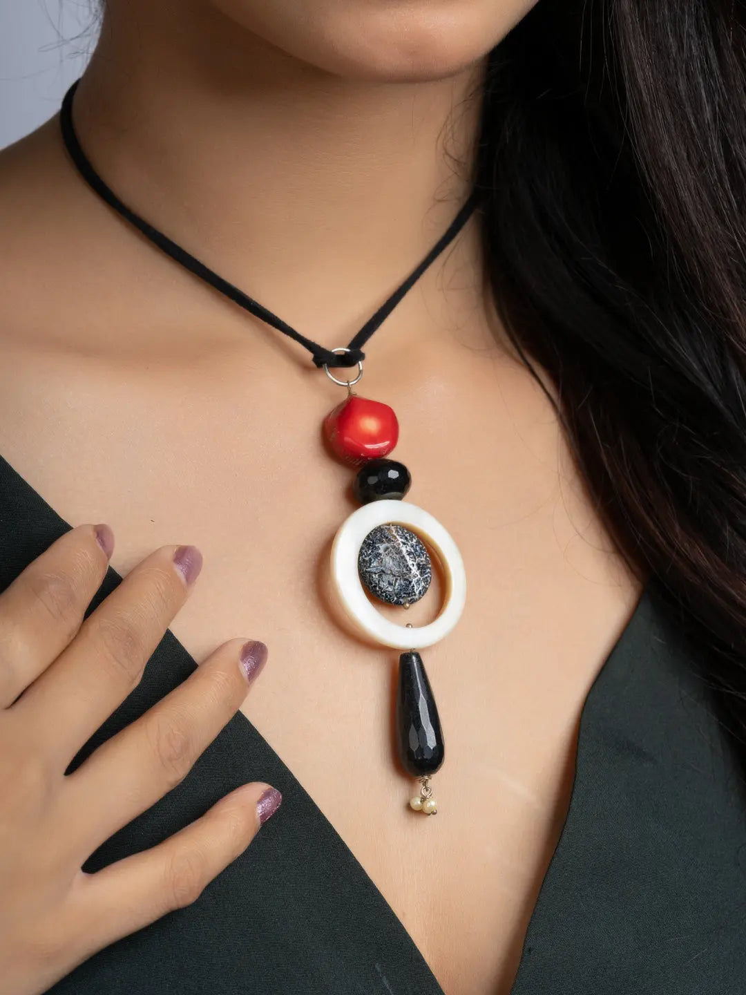 Black White Red Lava Onyx Coral Sleek Necklace With Adjustable Suede Cord LOOK AND ADORN - designed for you