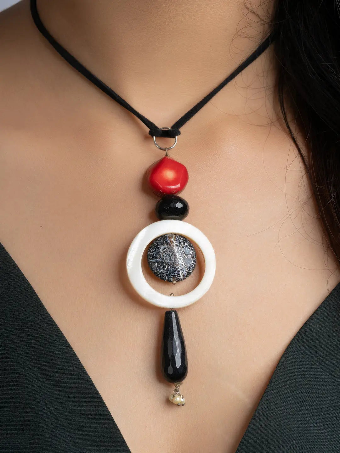 Black White Red Lava Onyx Coral Sleek Necklace With Adjustable Suede Cord LOOK AND ADORN - designed for you