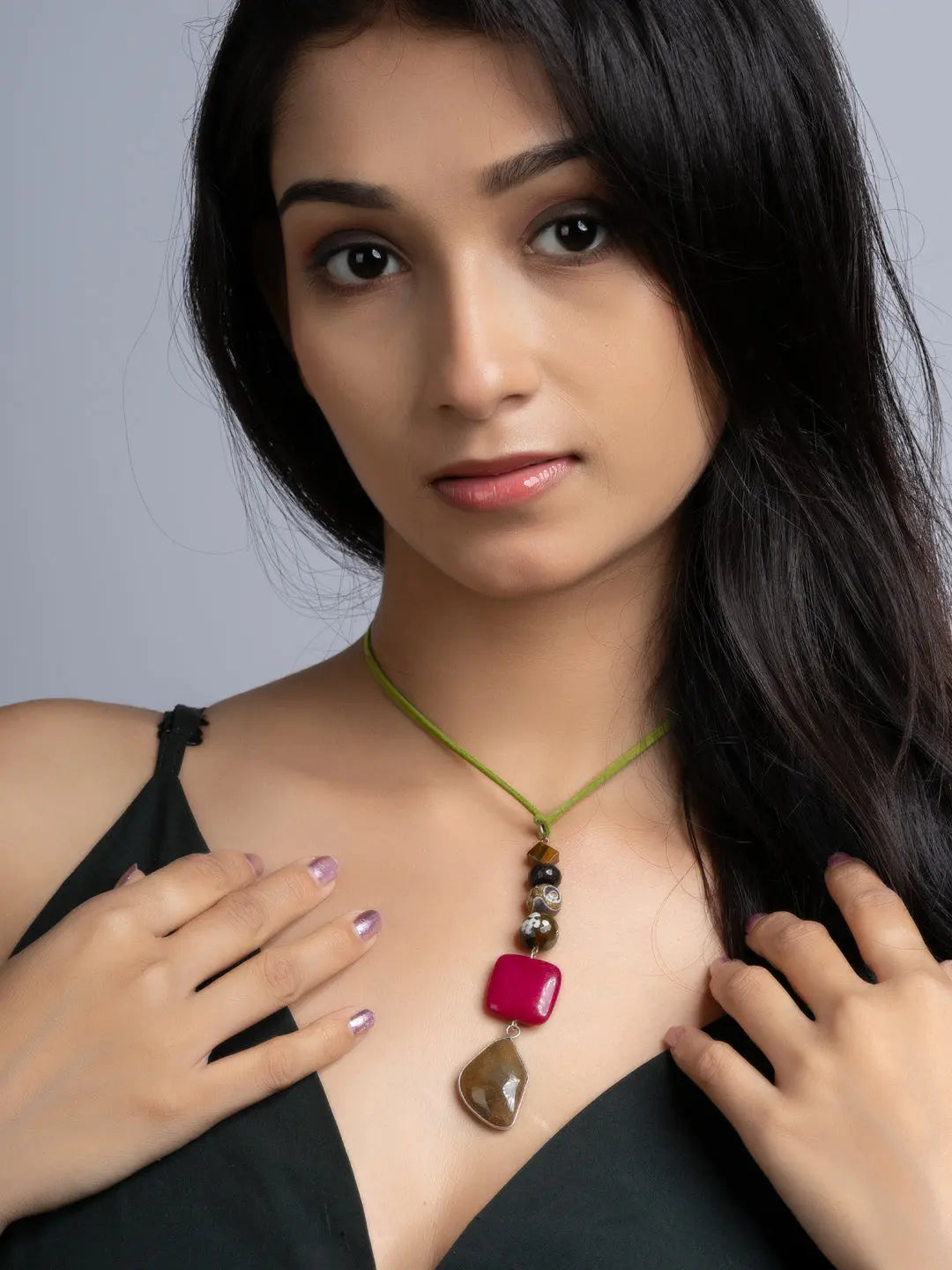 Pink Brown Onyx Agate Sleek Necklace With Adjustable Suede Cord LOOK AND ADORN - designed for you