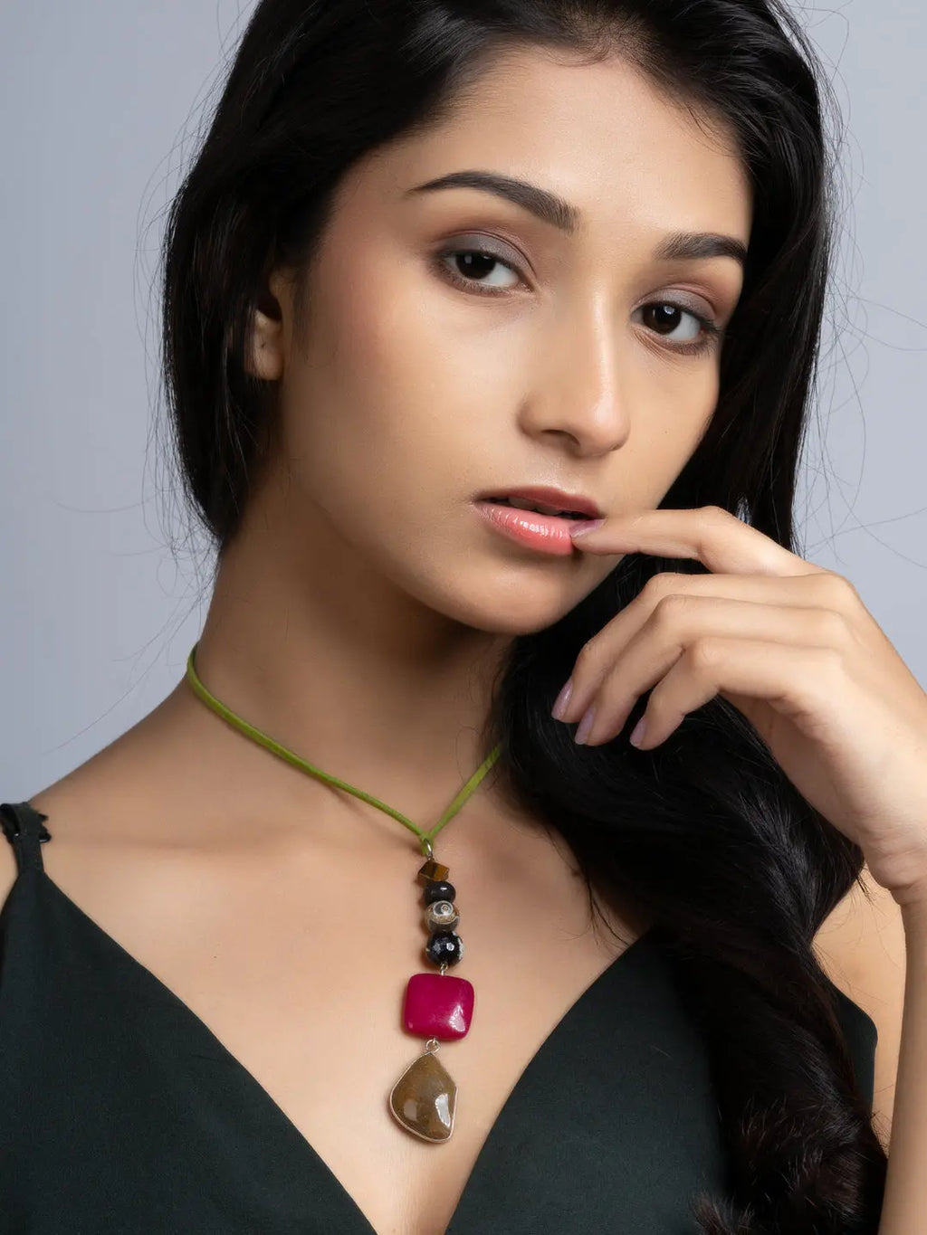 Pink Brown Onyx Agate Sleek Necklace With Adjustable Suede Cord LOOK AND ADORN - designed for you