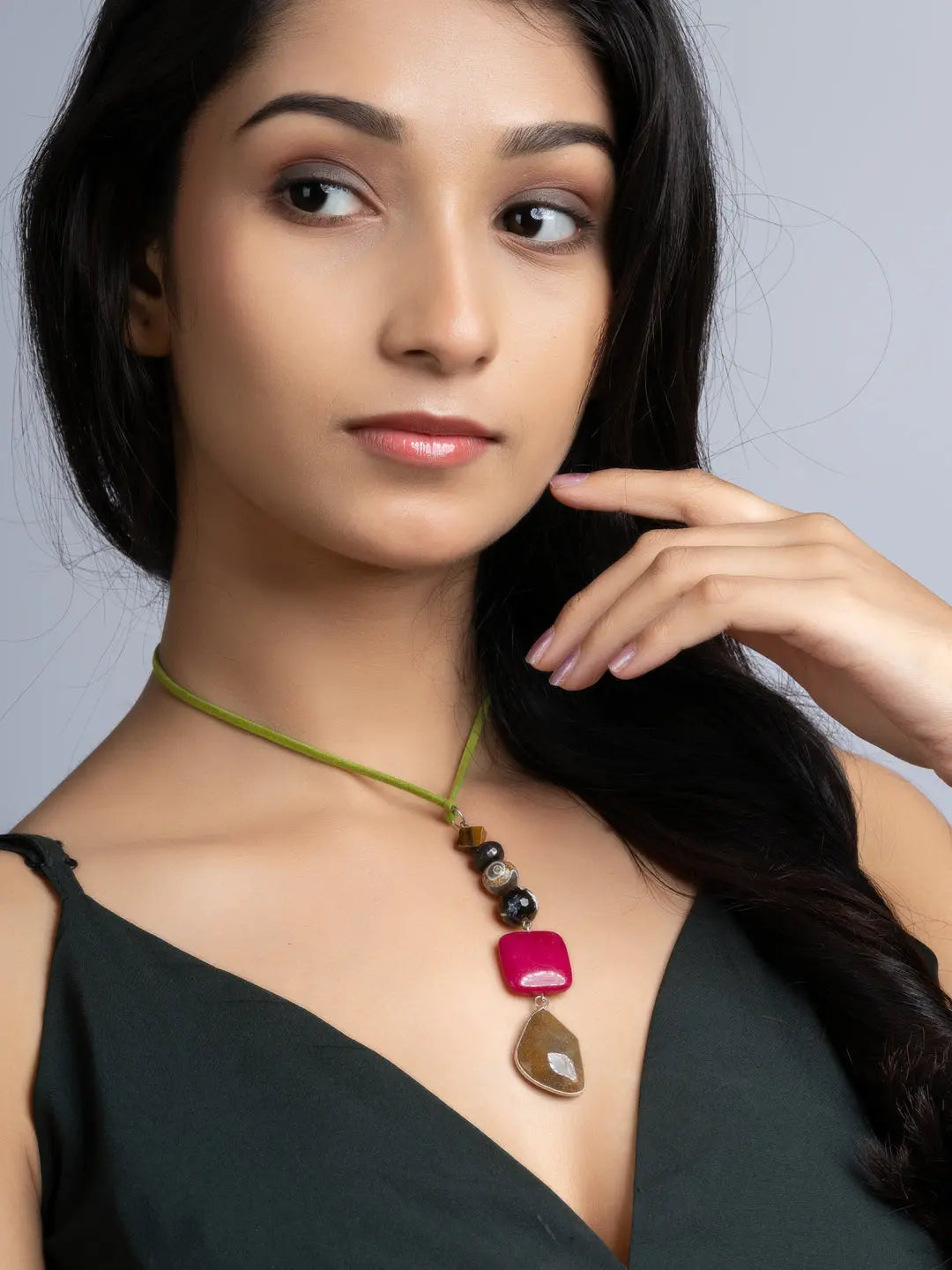 Pink Brown Onyx Agate Sleek Necklace With Adjustable Suede Cord LOOK AND ADORN - designed for you