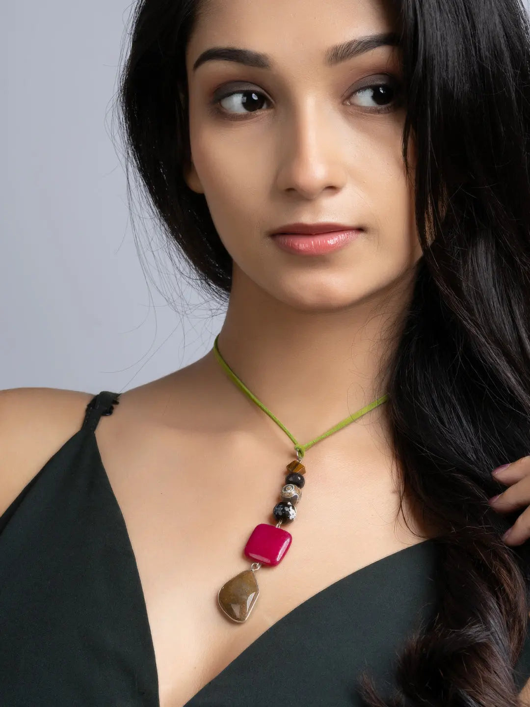 Pink Brown Onyx Agate Sleek Necklace With Adjustable Suede Cord LOOK AND ADORN - designed for you