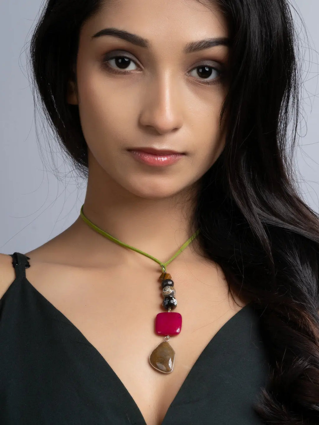 Pink Brown Onyx Agate Sleek Necklace With Adjustable Suede Cord LOOK AND ADORN - designed for you