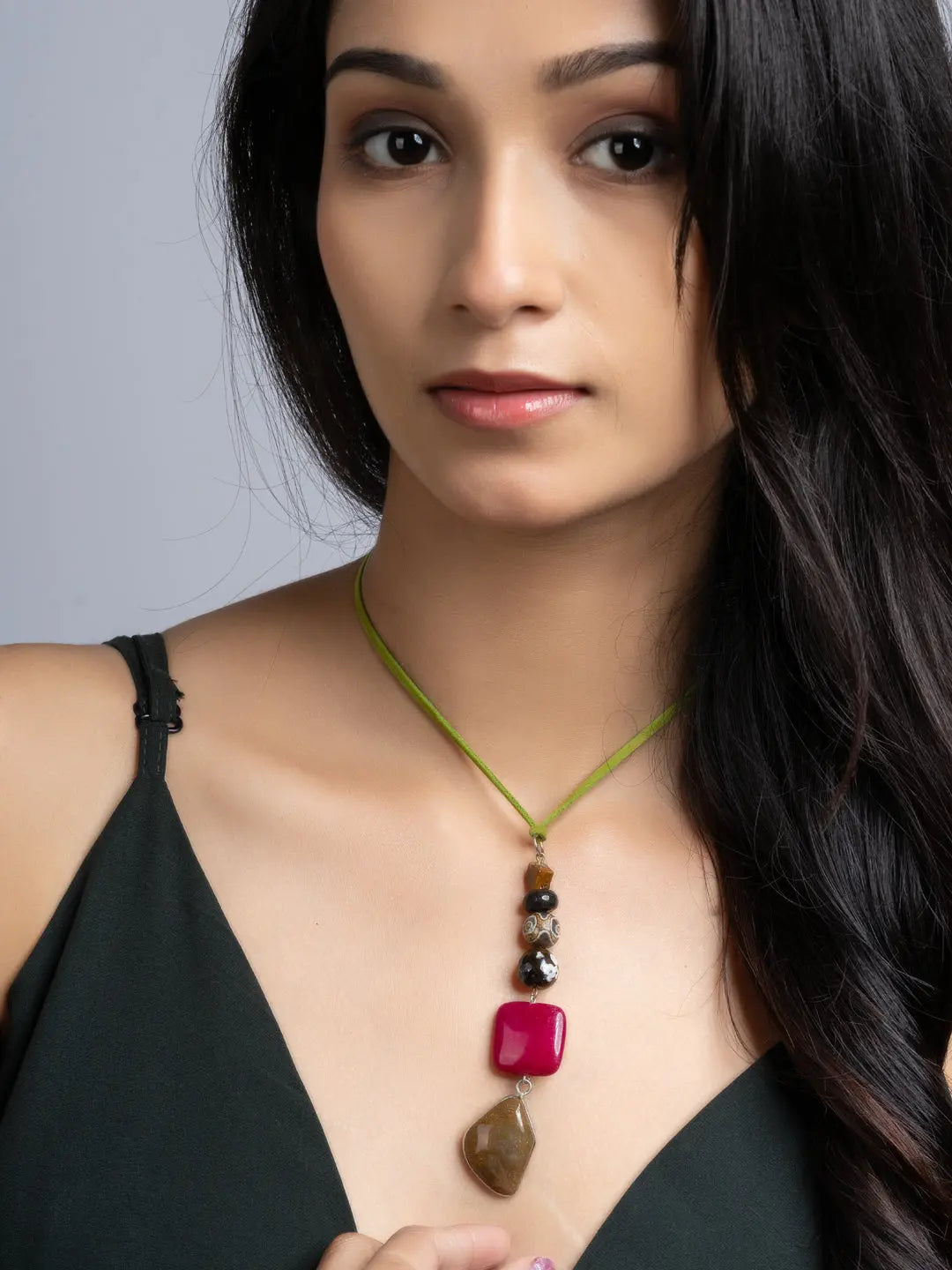 Pink Brown Onyx Agate Sleek Necklace With Adjustable Suede Cord LOOK AND ADORN - designed for you