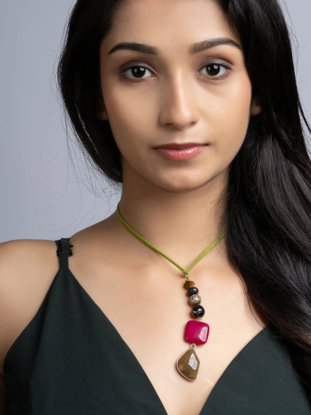 Pink Brown Onyx Agate Sleek Necklace With Adjustable Suede Cord LOOK AND ADORN - designed for you