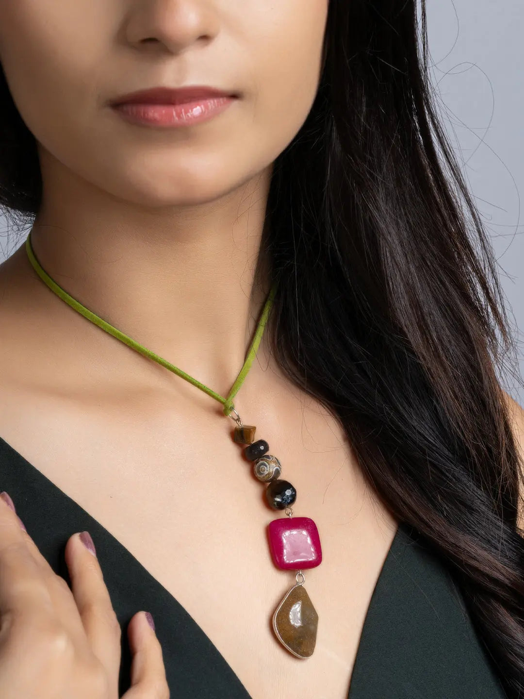 Pink Brown Onyx Agate Sleek Necklace With Adjustable Suede Cord LOOK AND ADORN - designed for you