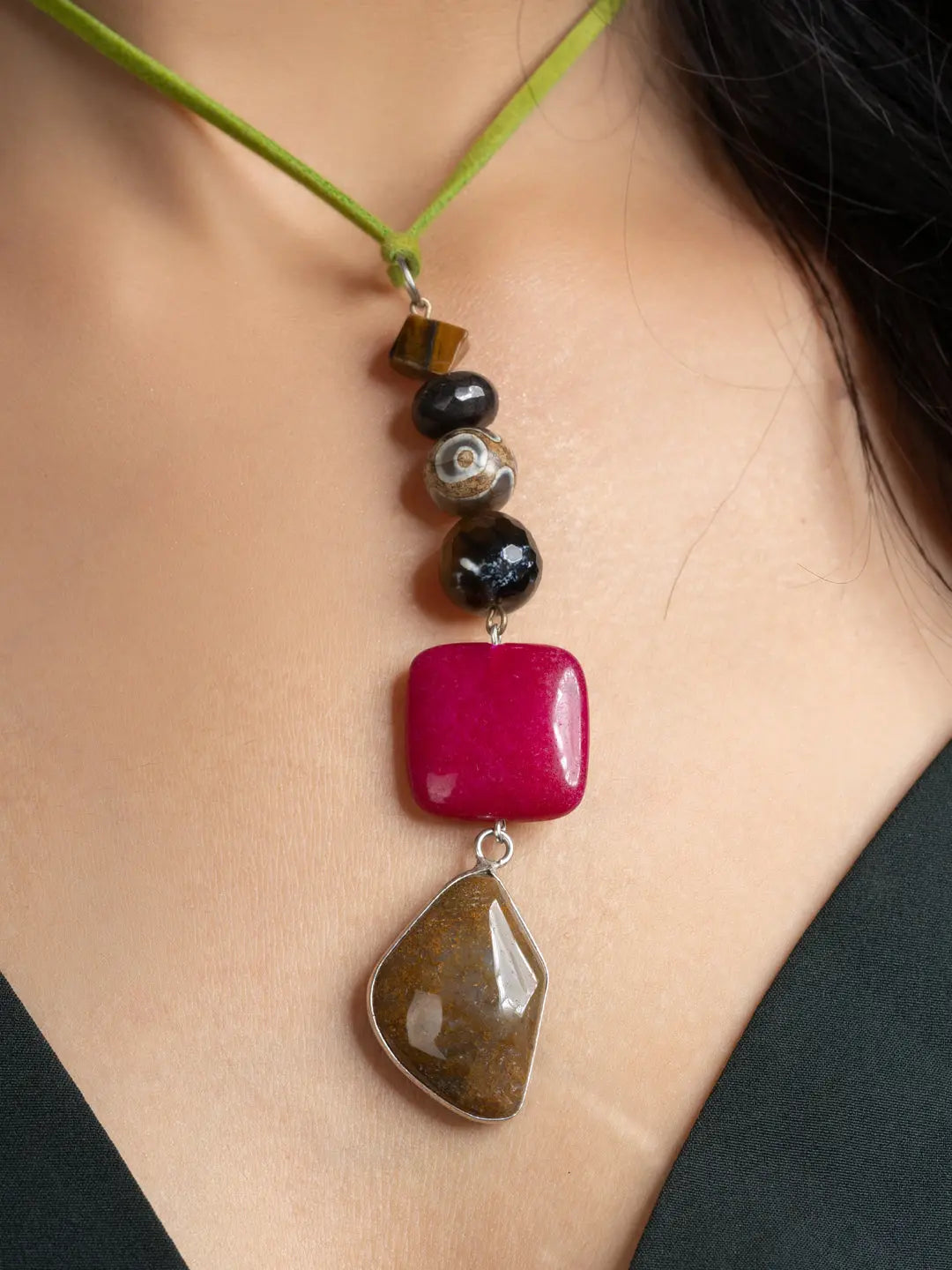 Pink Brown Onyx Agate Sleek Necklace With Adjustable Suede Cord LOOK AND ADORN - designed for you