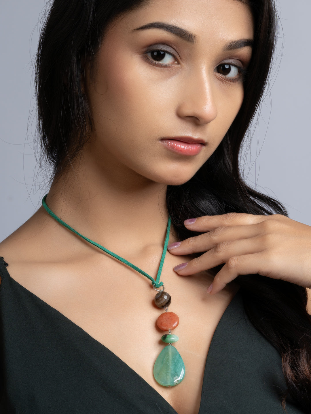 Green Brown Onyx Agate Sleek Necklace With Adjustable Suede Cord