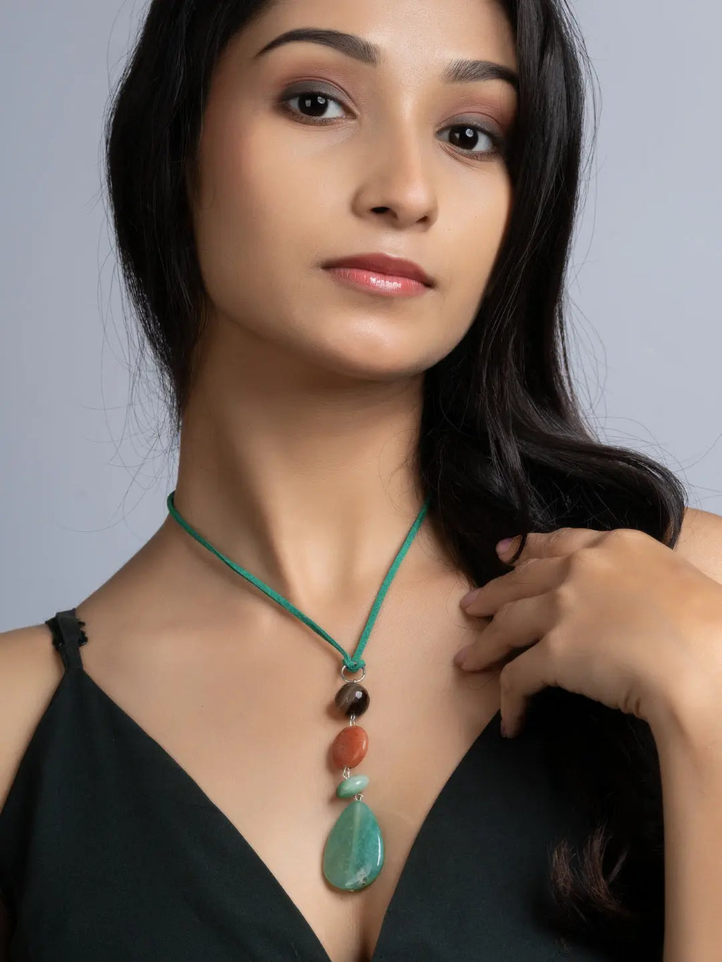 Green Brown Onyx Agate Sleek Necklace With Adjustable Suede Cord LOOK AND ADORN - designed for you
