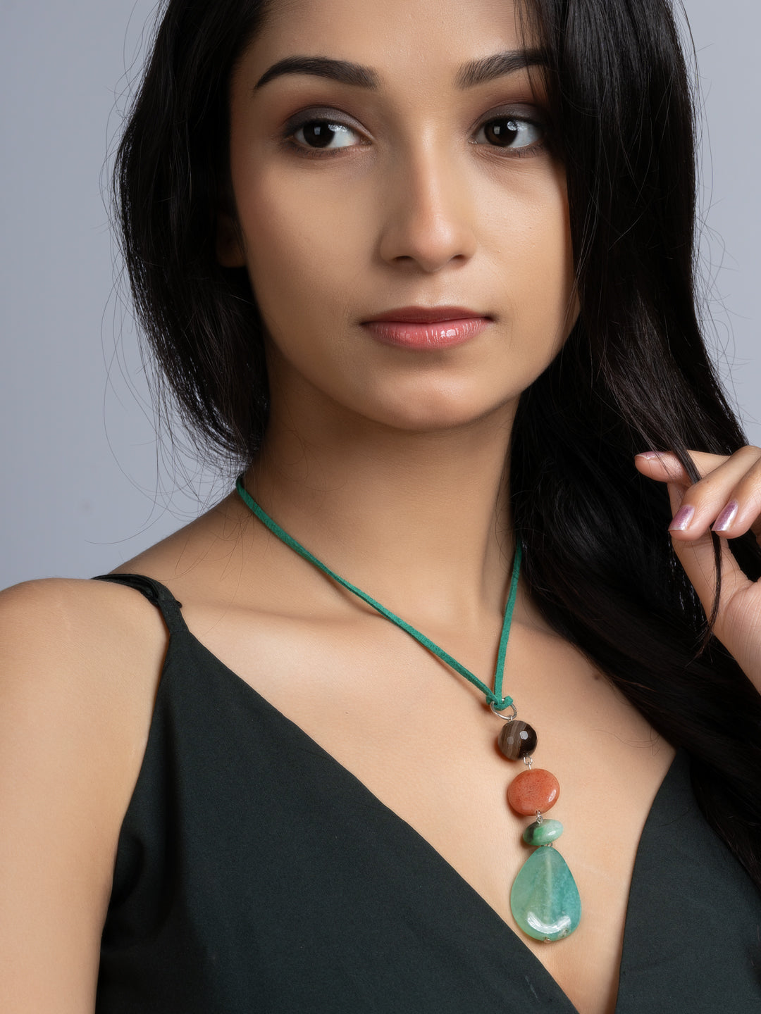 Green Brown Onyx Agate Sleek Necklace With Adjustable Suede Cord