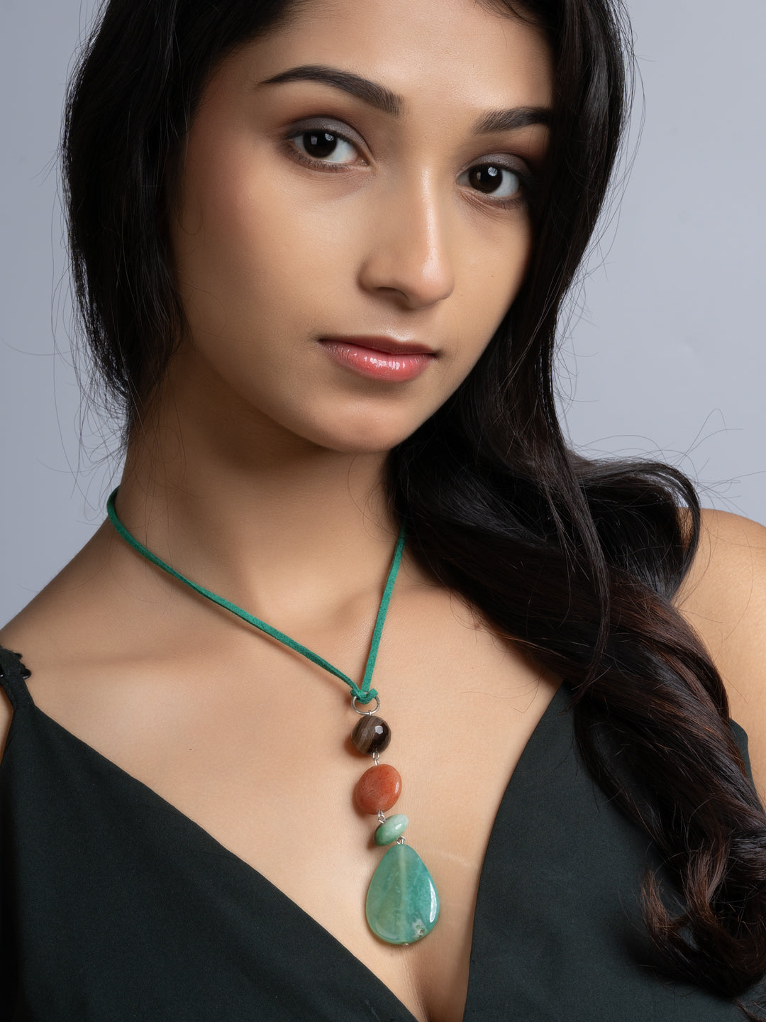 Green Brown Onyx Agate Sleek Necklace With Adjustable Suede Cord