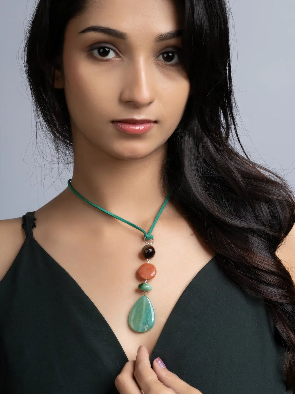 Green Brown Onyx Agate Sleek Necklace With Adjustable Suede Cord LOOK AND ADORN - designed for you