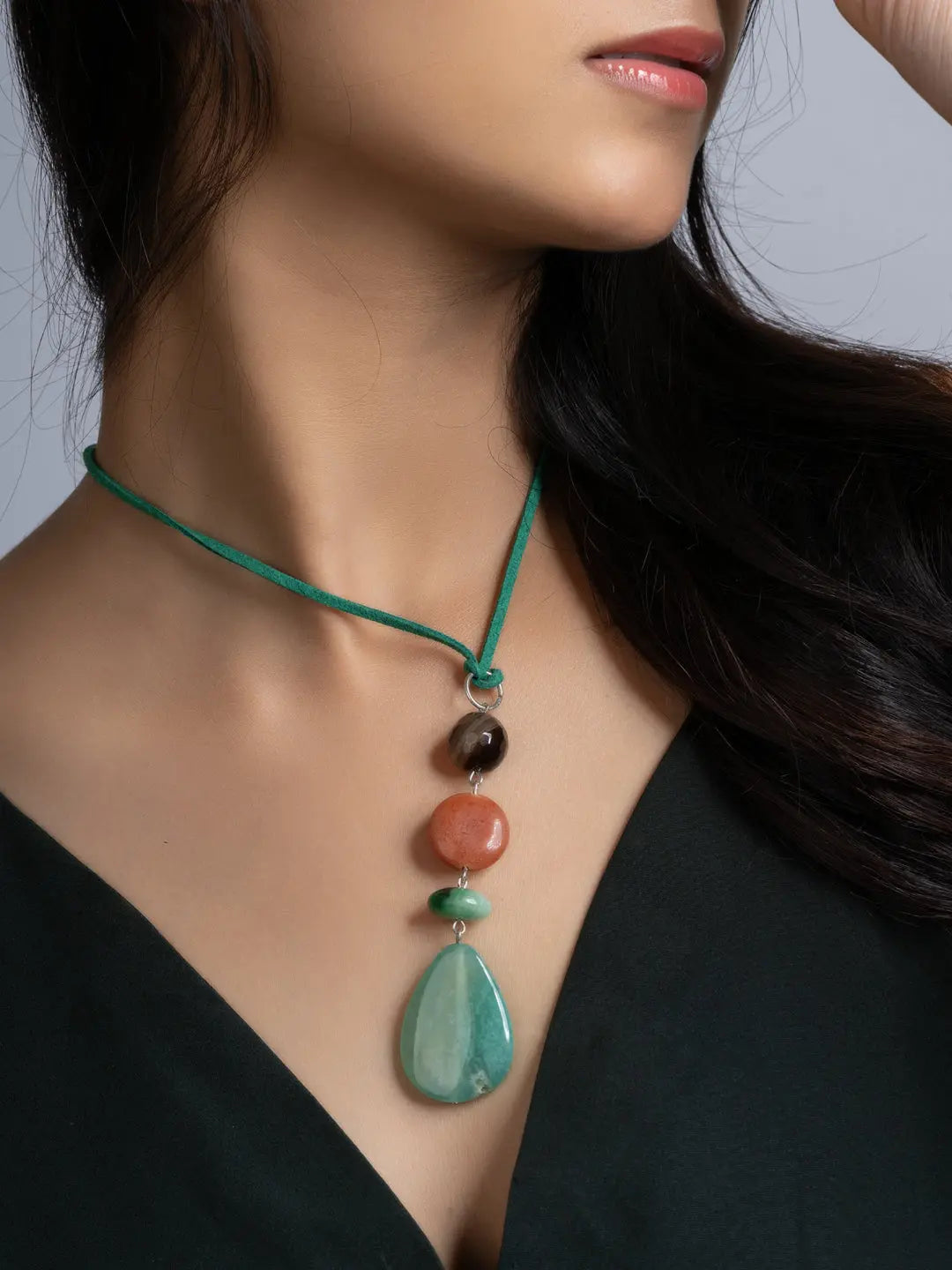 Green Brown Onyx Agate Sleek Necklace With Adjustable Suede Cord LOOK AND ADORN - designed for you