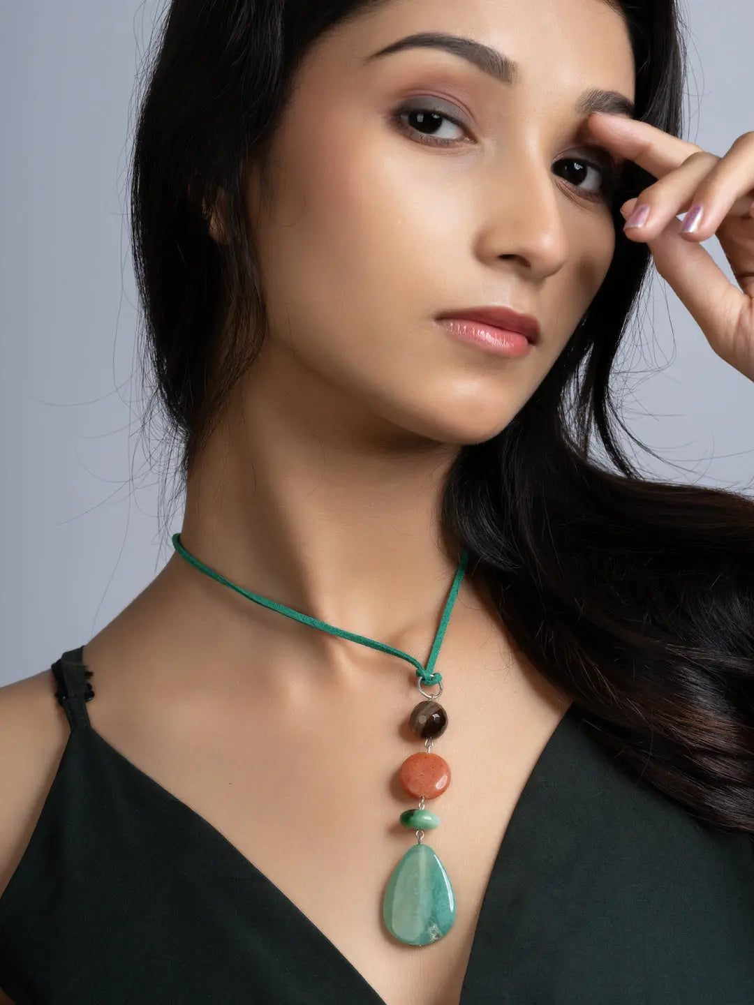 Green Brown Onyx Agate Sleek Necklace With Adjustable Suede Cord LOOK AND ADORN - designed for you