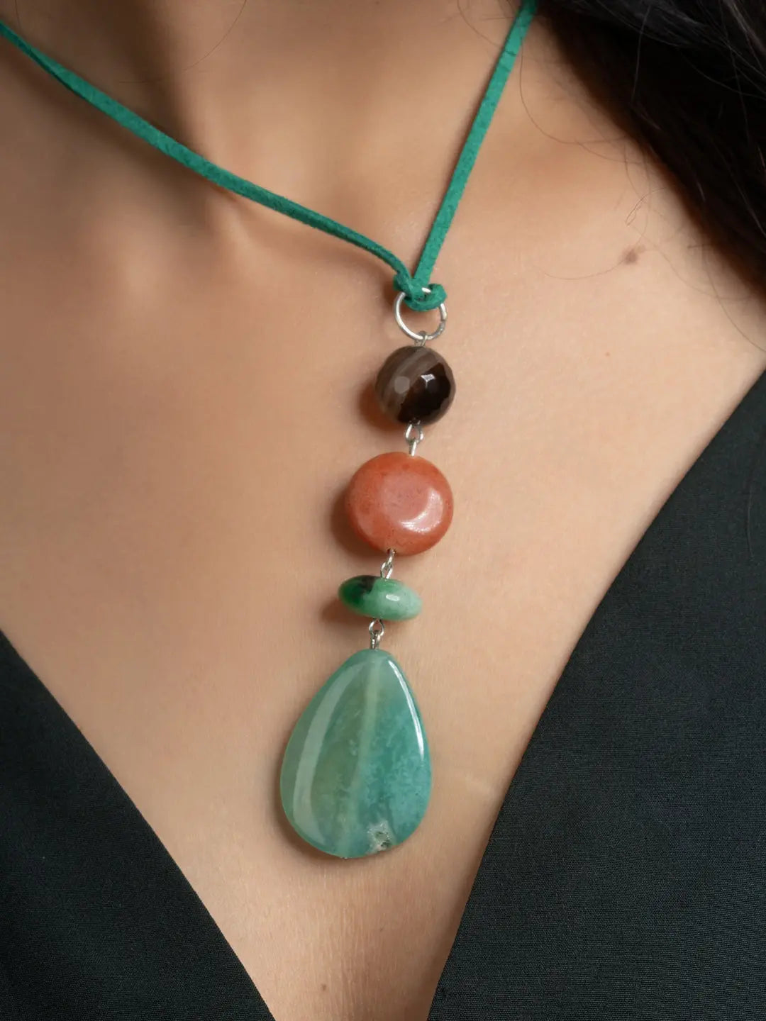 Green Brown Onyx Agate Sleek Necklace With Adjustable Suede Cord LOOK AND ADORN - designed for you