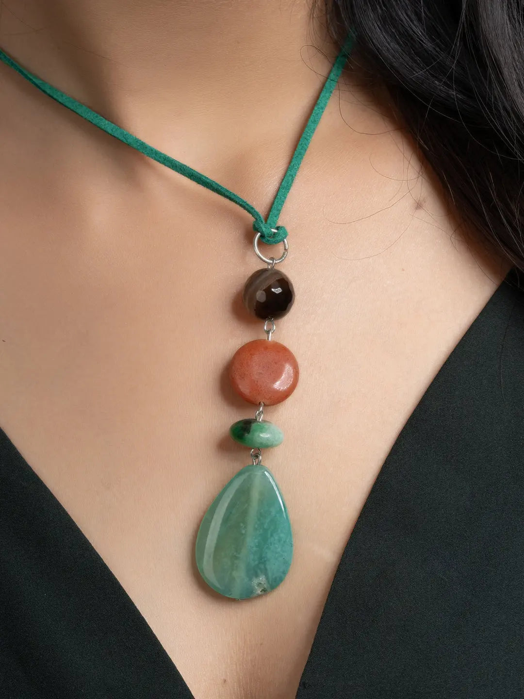Green Brown Onyx Agate Sleek Necklace With Adjustable Suede Cord LOOK AND ADORN - designed for you