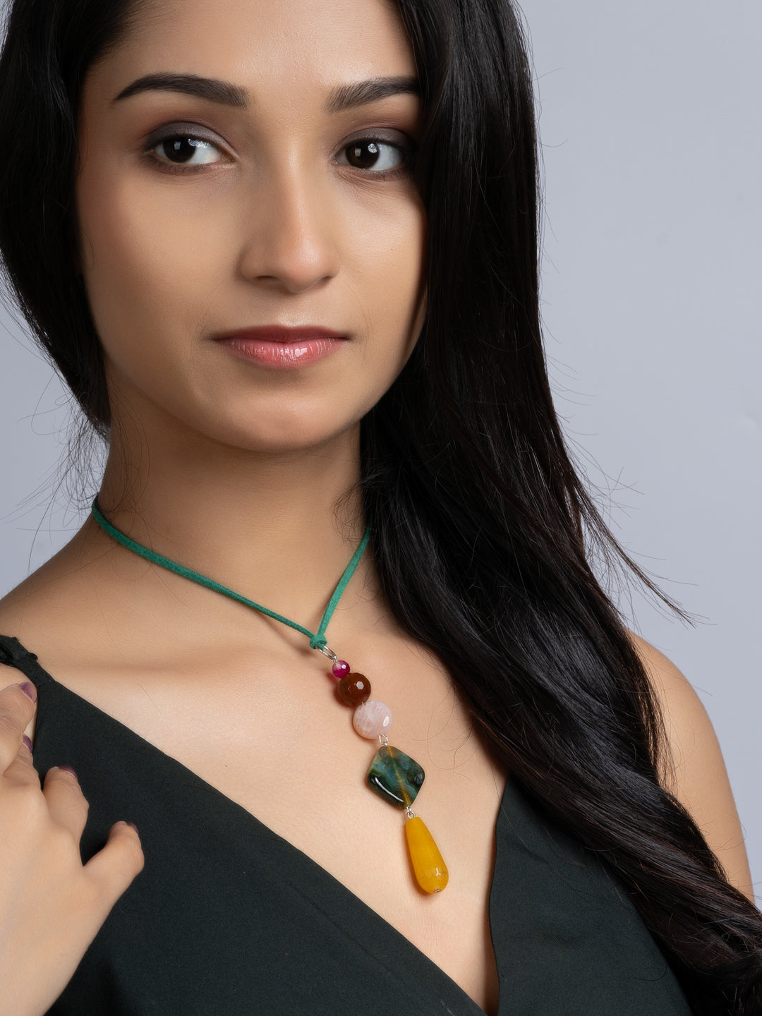 Yellow Green Pink Onyx Agate Sleek Necklace With Adjustable Suede Cord