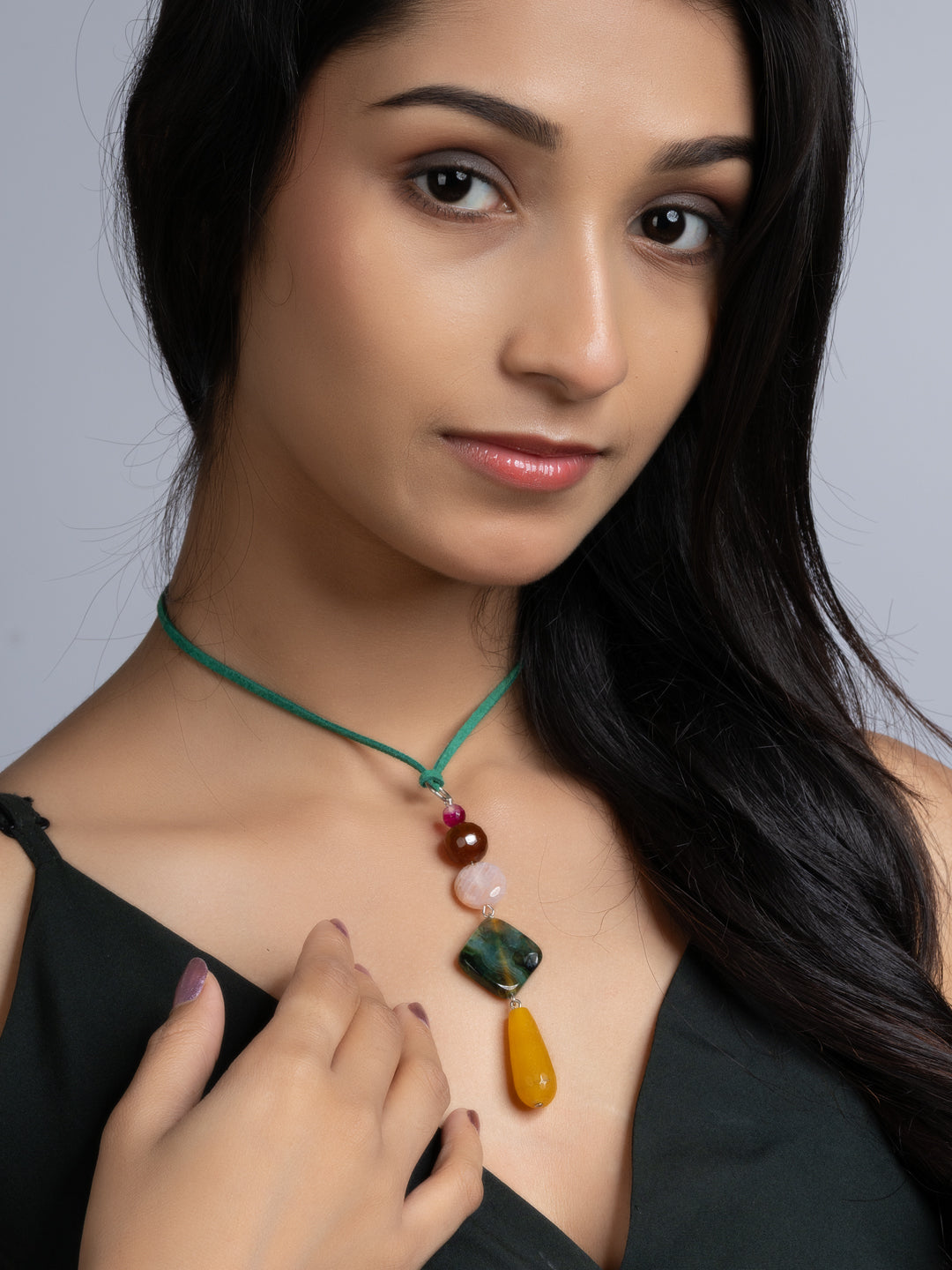 Yellow Green Pink Onyx Agate Sleek Necklace With Adjustable Suede Cord