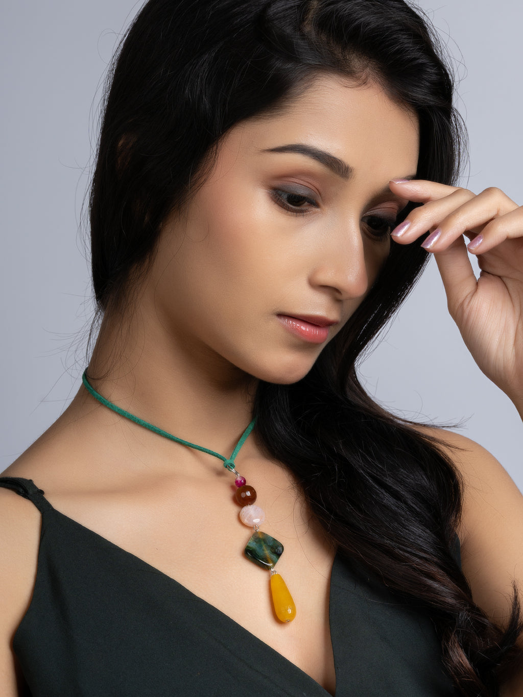 Yellow Green Pink Onyx Agate Sleek Necklace With Adjustable Suede Cord