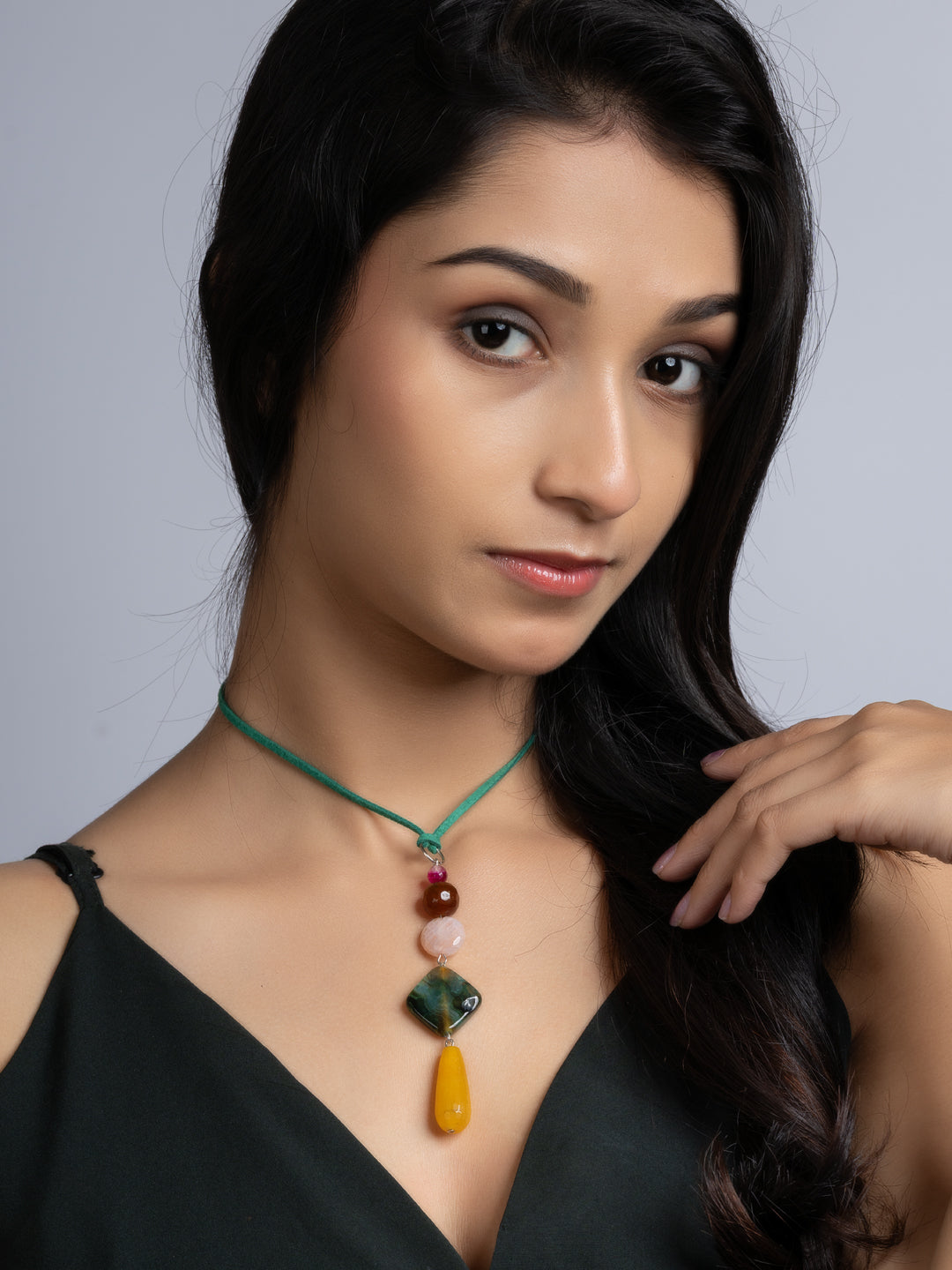 Yellow Green Pink Onyx Agate Sleek Necklace With Adjustable Suede Cord