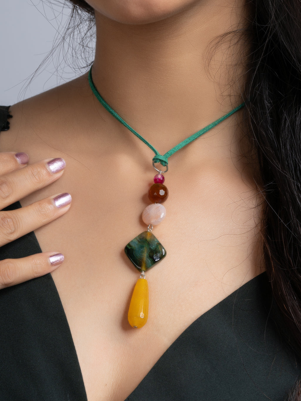 Yellow Green Pink Onyx Agate Sleek Necklace With Adjustable Suede Cord