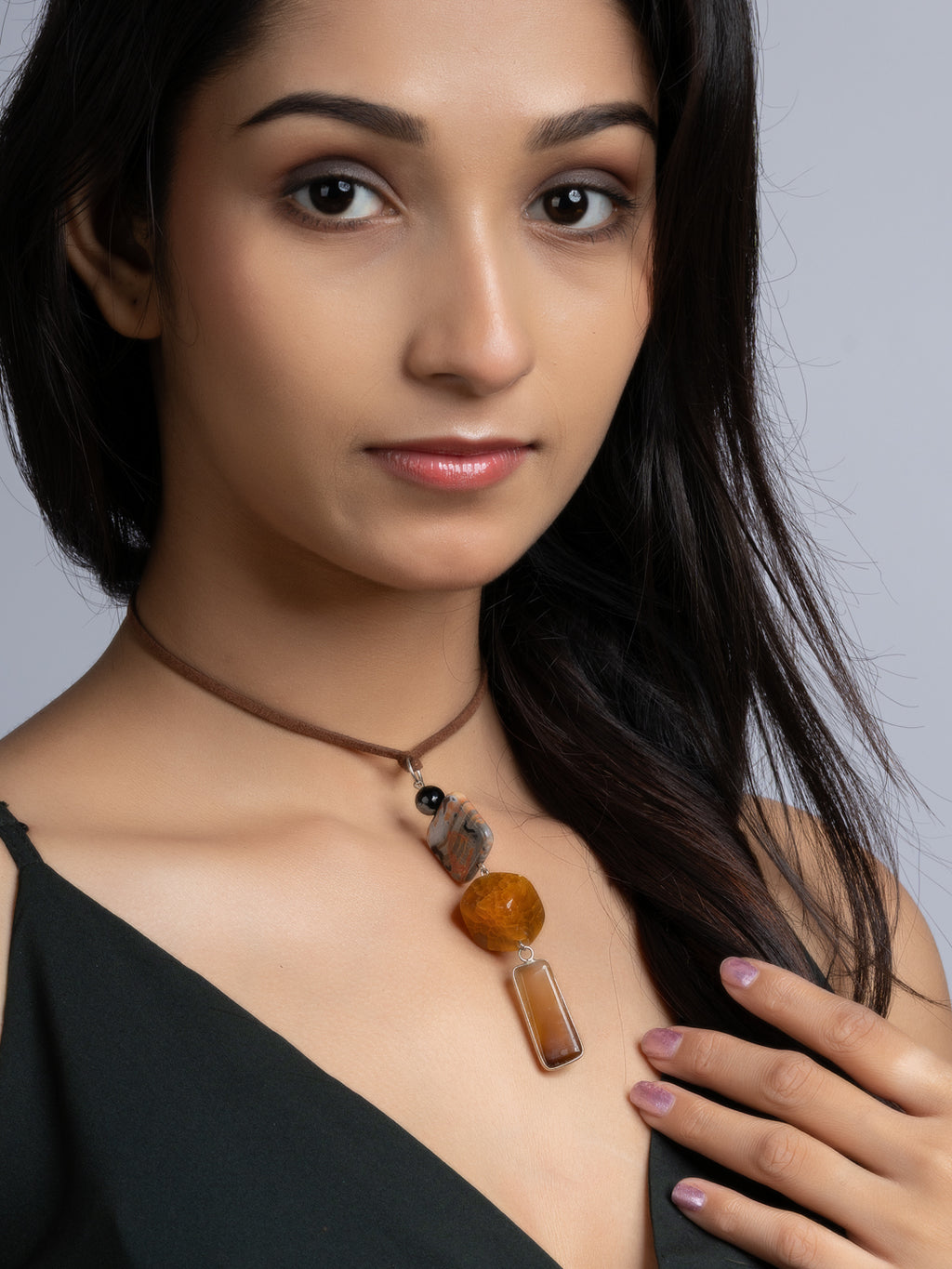 Orange Brown Onyx Agate Sleek Necklace With Adjustable Suede Cord
