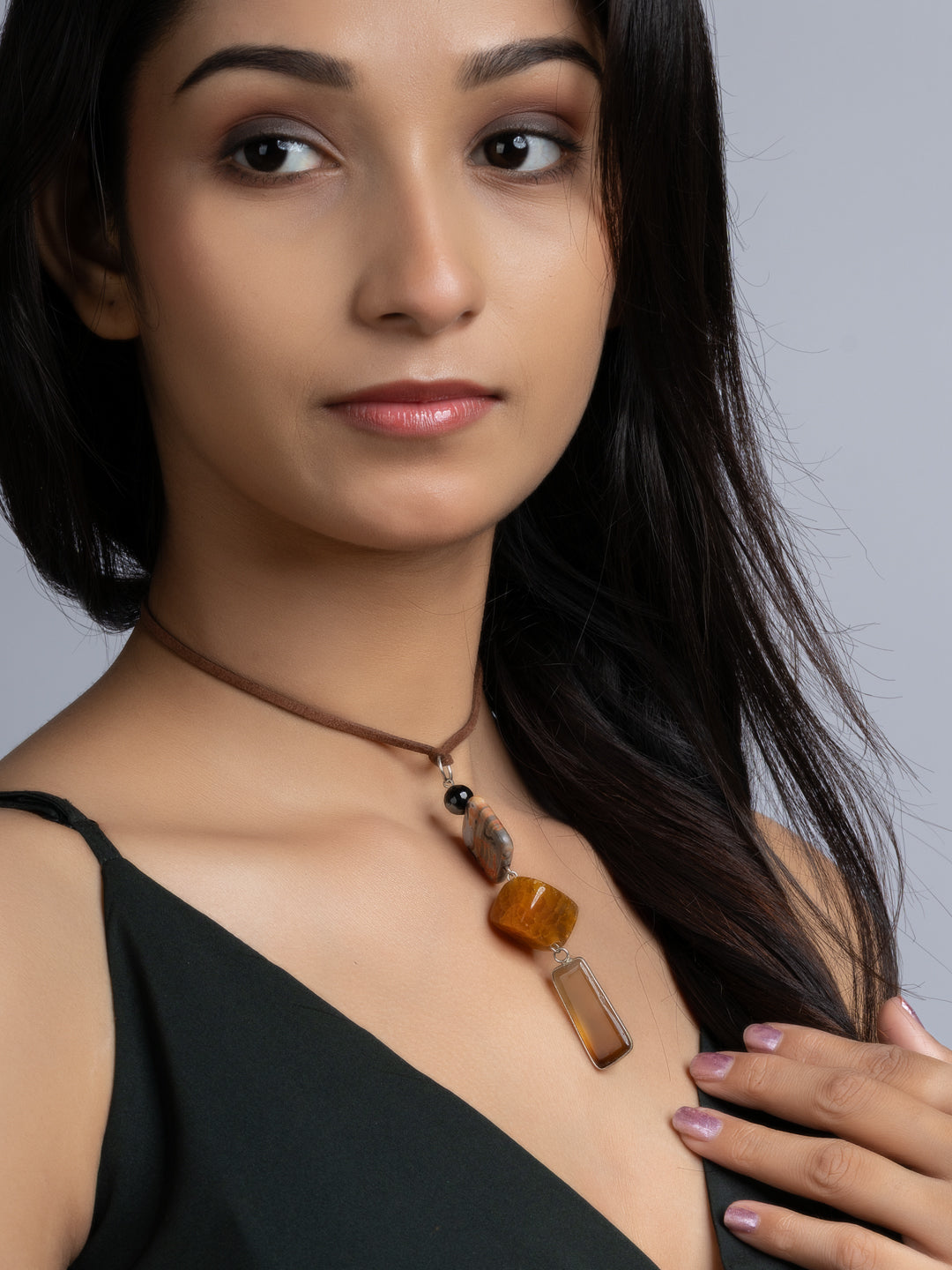 Orange Brown Onyx Agate Sleek Necklace With Adjustable Suede Cord