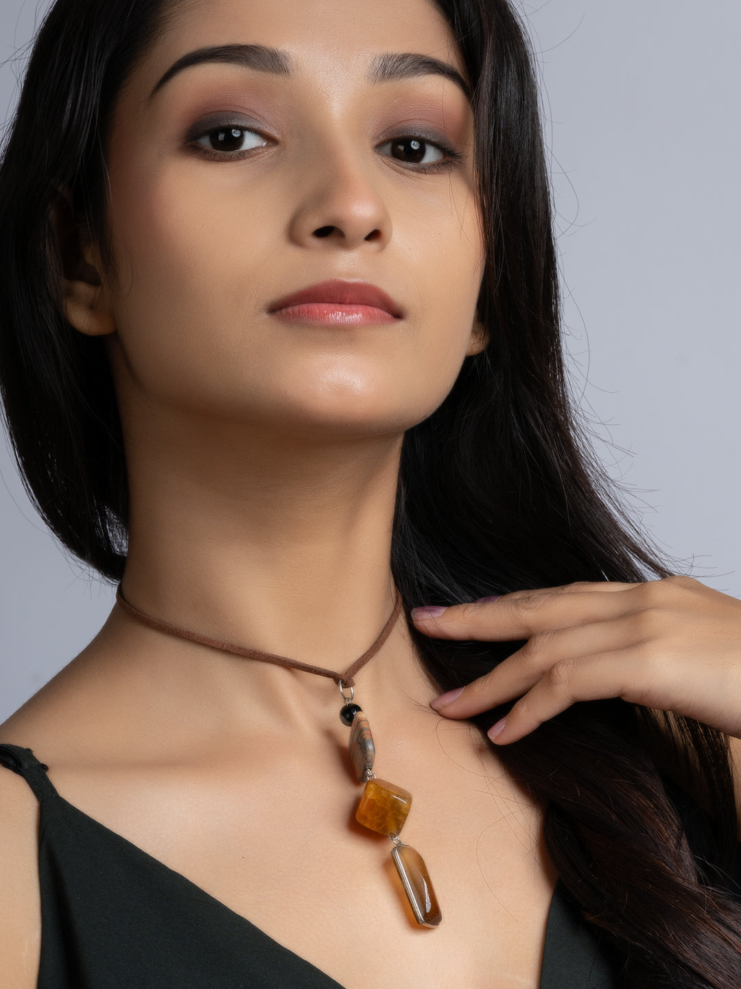 Orange Brown Onyx Agate Sleek Necklace With Adjustable Suede Cord