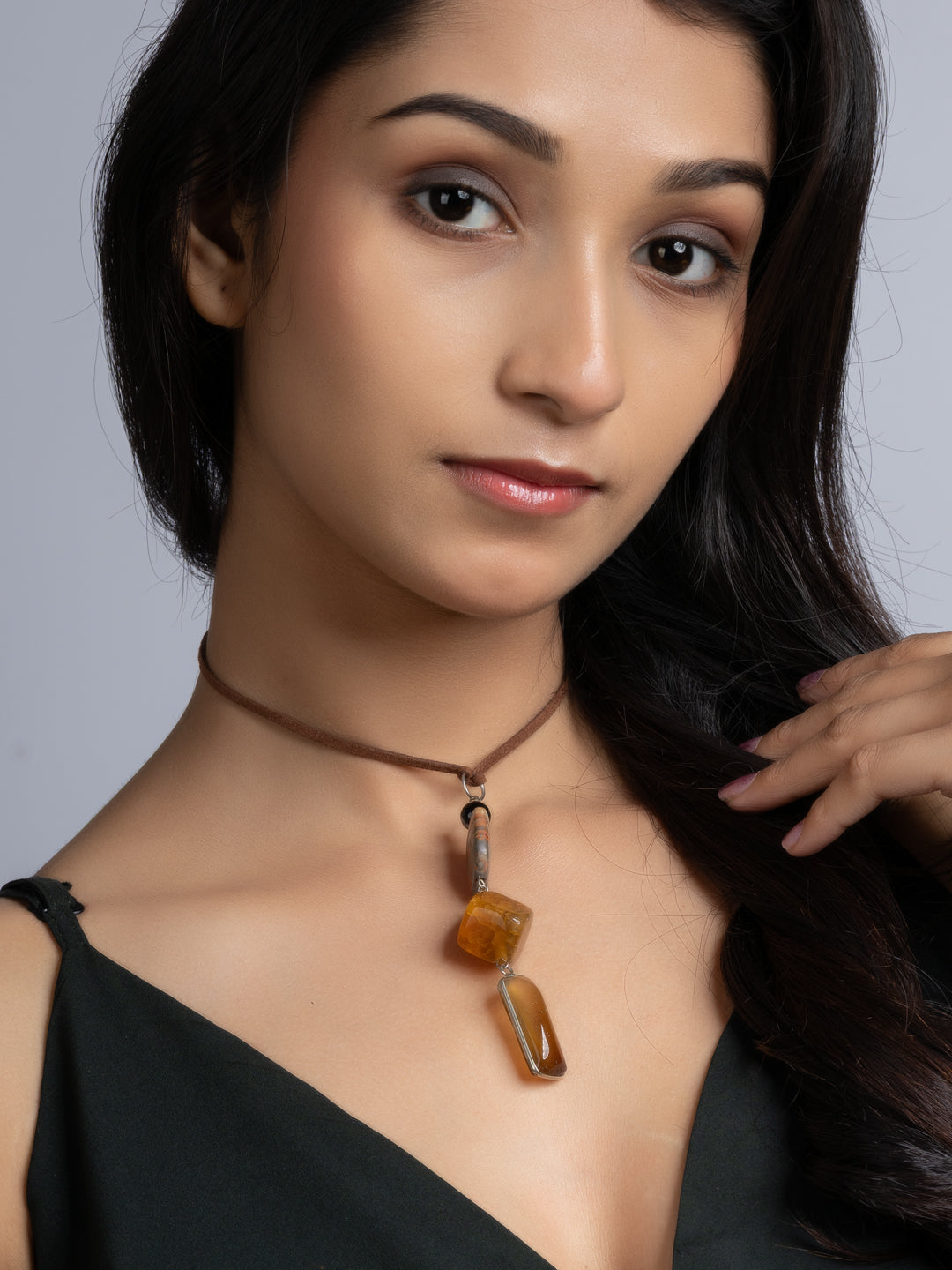 Orange Brown Onyx Agate Sleek Necklace With Adjustable Suede Cord