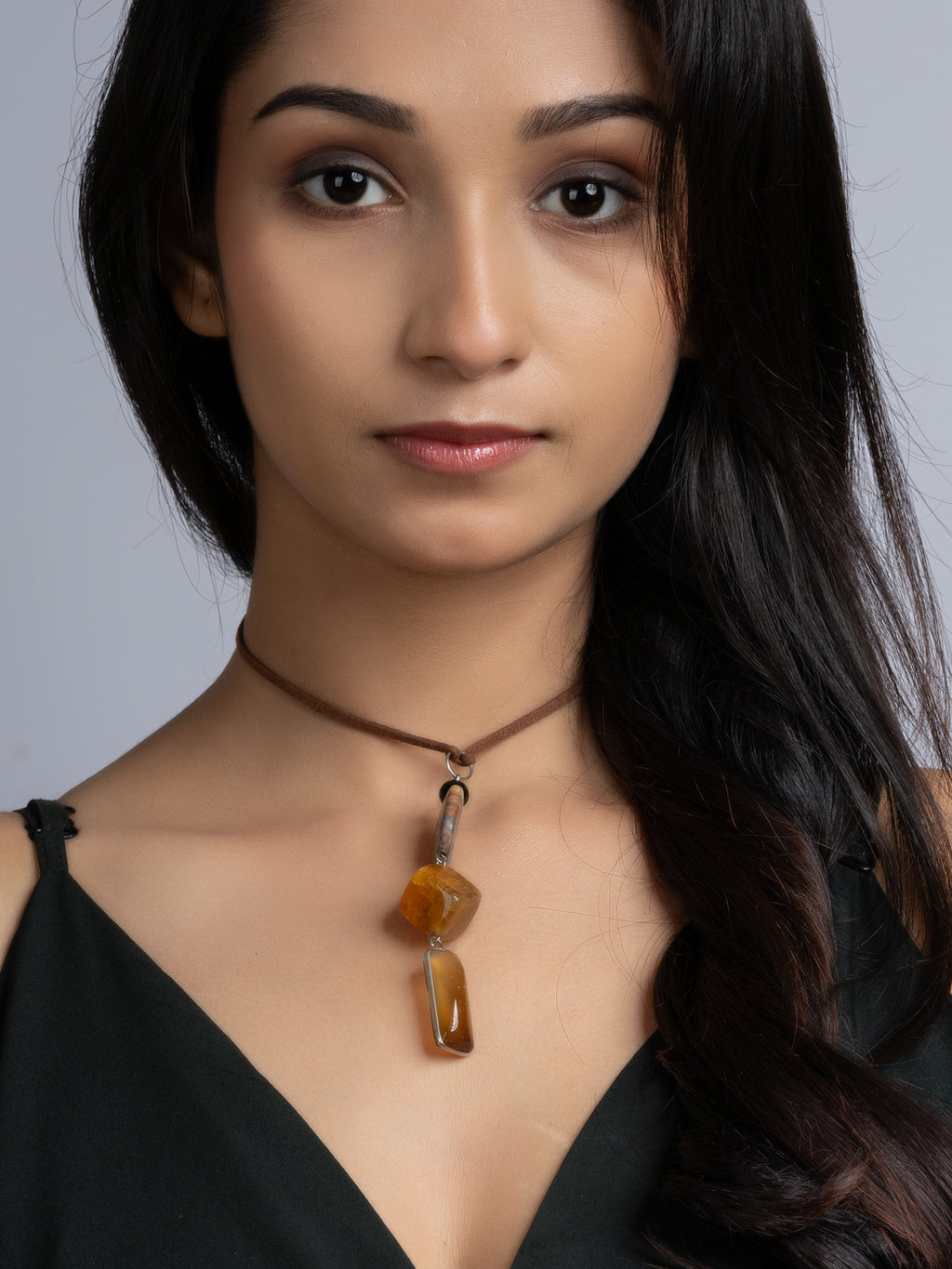 Orange Brown Onyx Agate Sleek Necklace With Adjustable Suede Cord