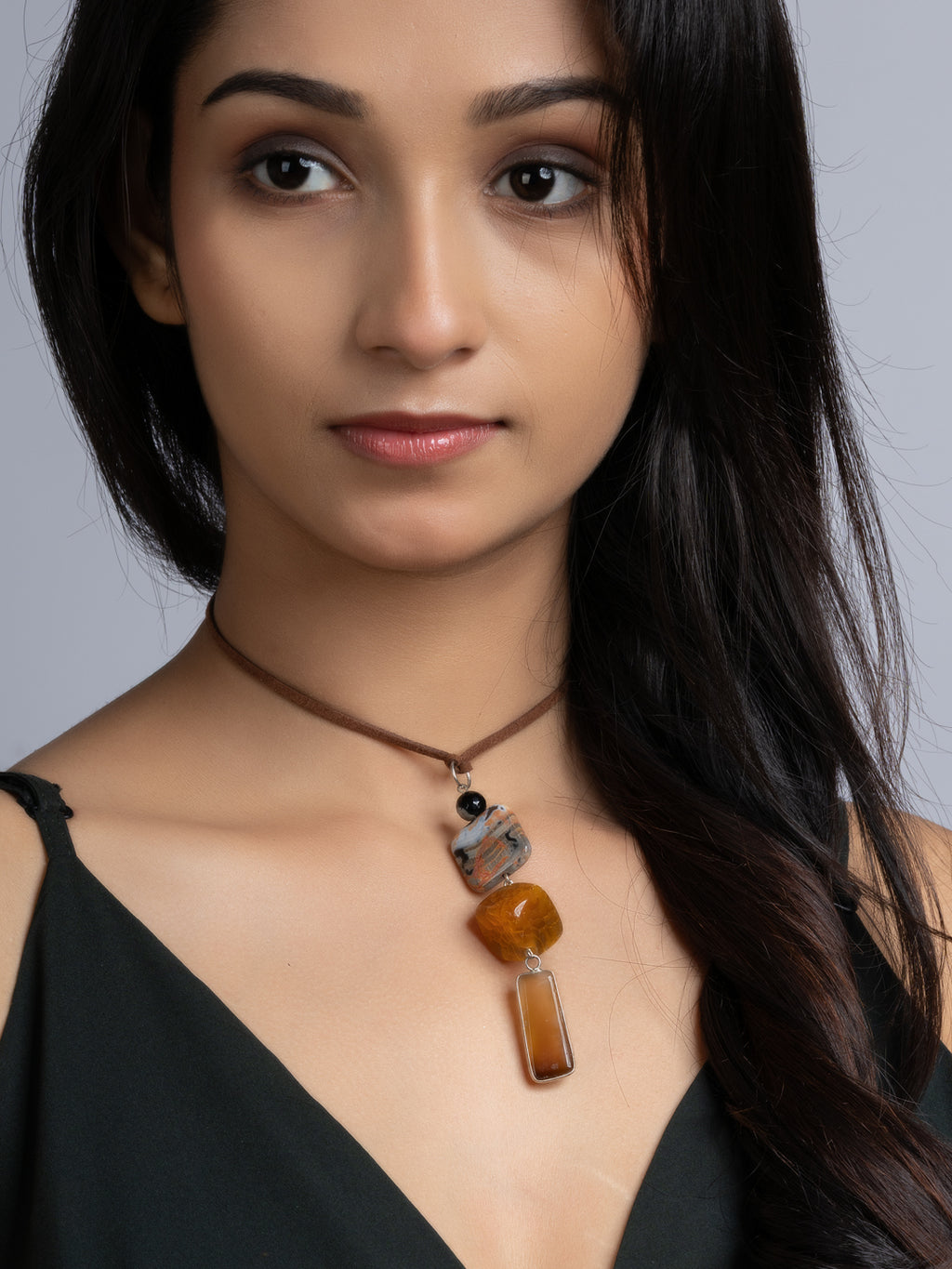 Orange Brown Onyx Agate Sleek Necklace With Adjustable Suede Cord