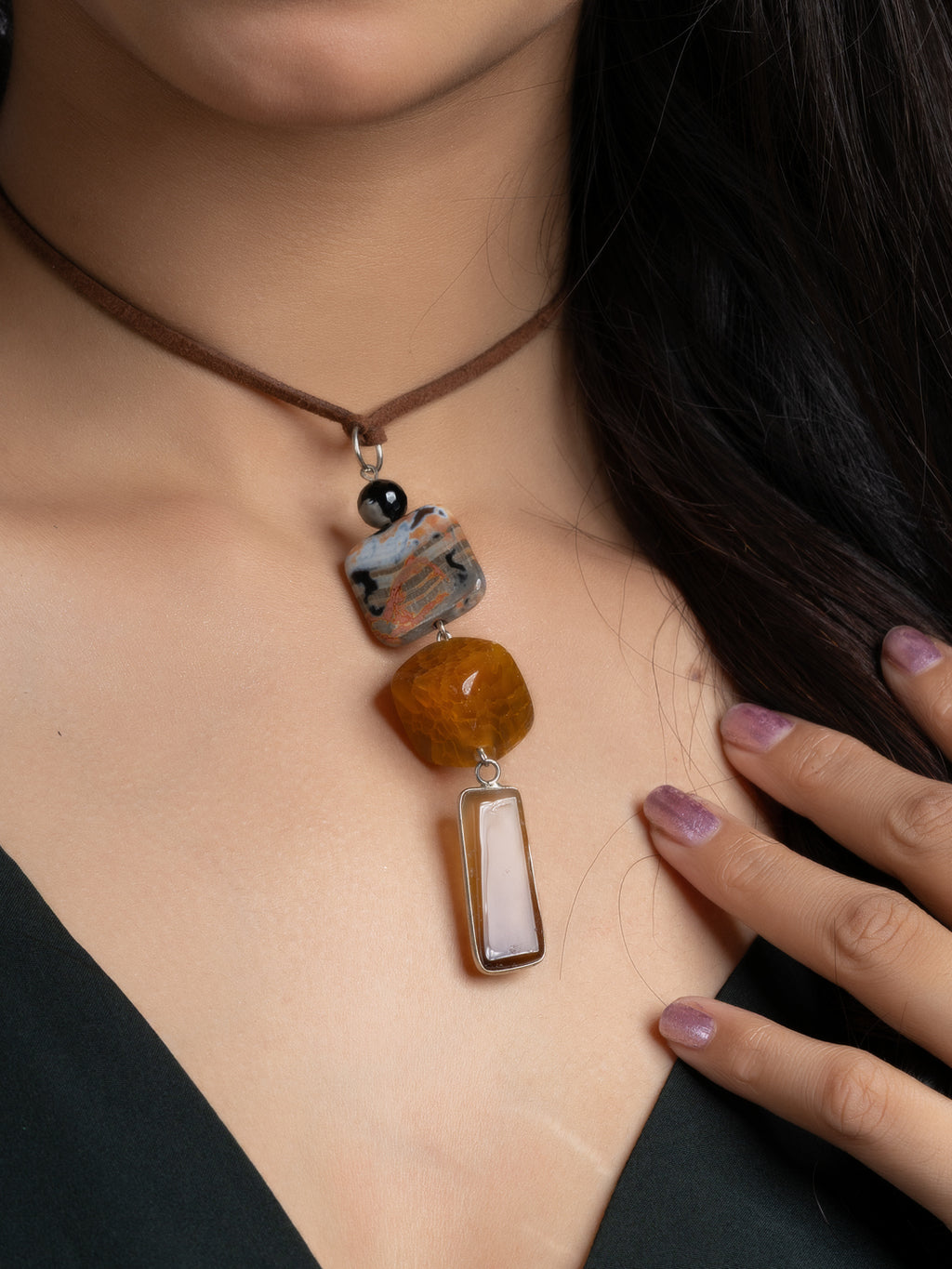 Orange Brown Onyx Agate Sleek Necklace With Adjustable Suede Cord