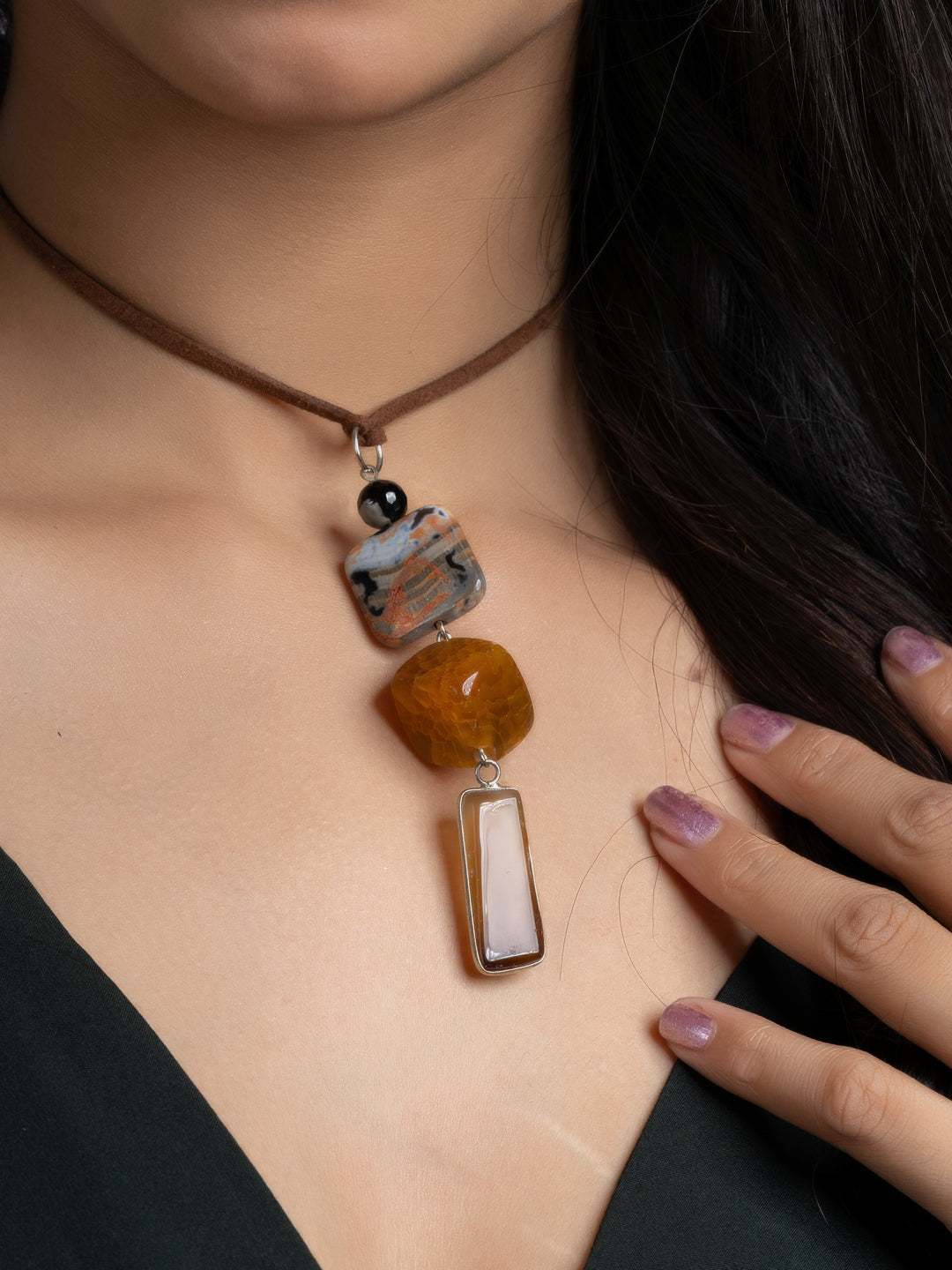 Orange Brown Onyx Agate Sleek Necklace With Adjustable Suede Cord