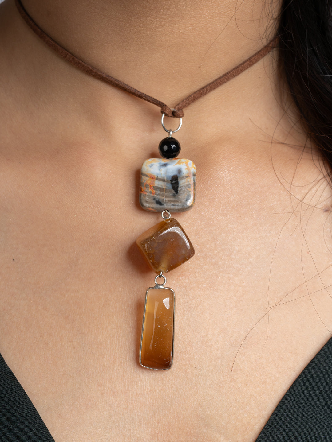 Orange Brown Onyx Agate Sleek Necklace With Adjustable Suede Cord