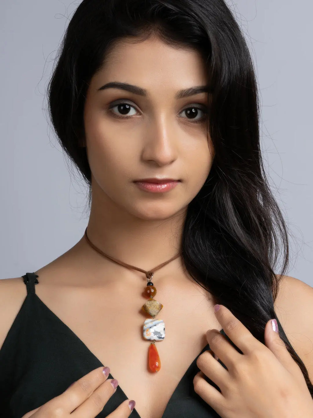 Orange Brown Onyx Agate Sleek Necklace With Adjustable Suede Cord LOOK AND ADORN - designed for you