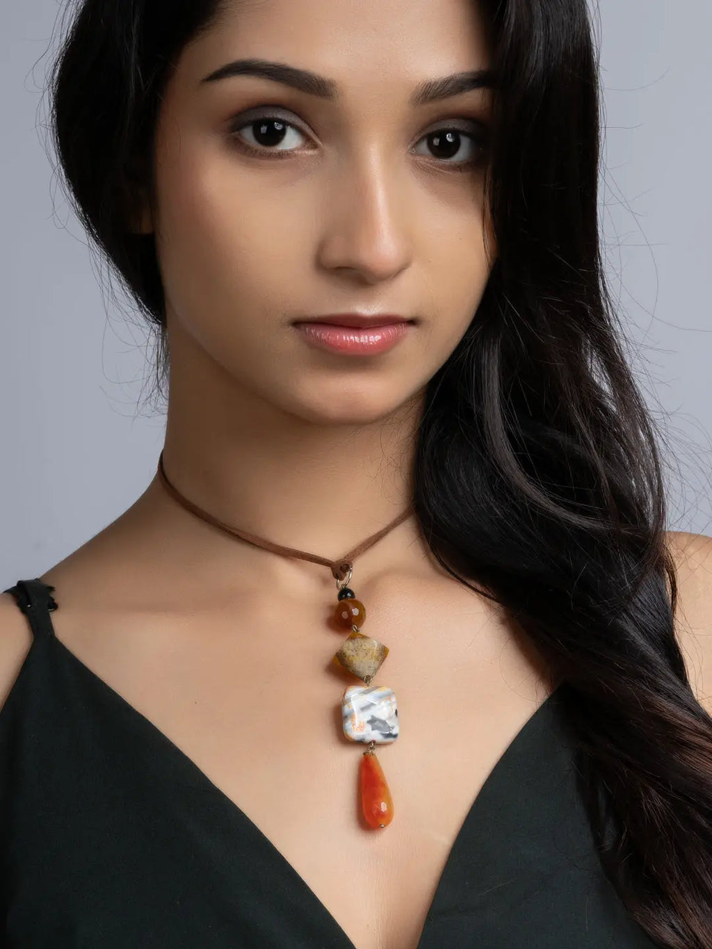 Orange Brown Onyx Agate Sleek Necklace With Adjustable Suede Cord LOOK AND ADORN - designed for you