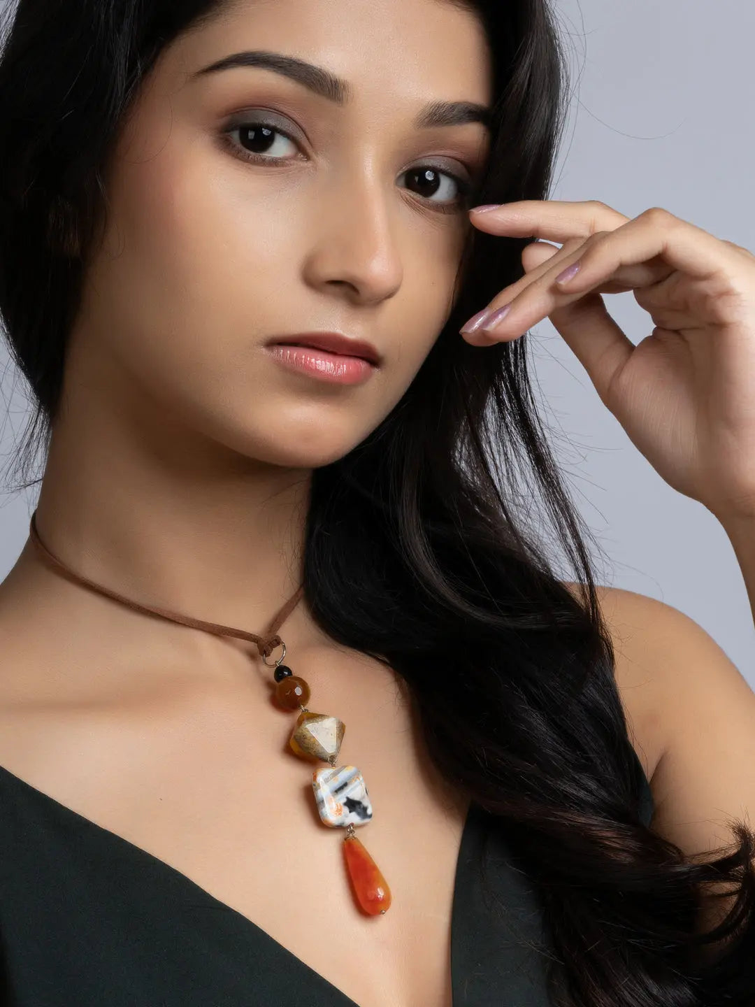 Orange Brown Onyx Agate Sleek Necklace With Adjustable Suede Cord LOOK AND ADORN - designed for you