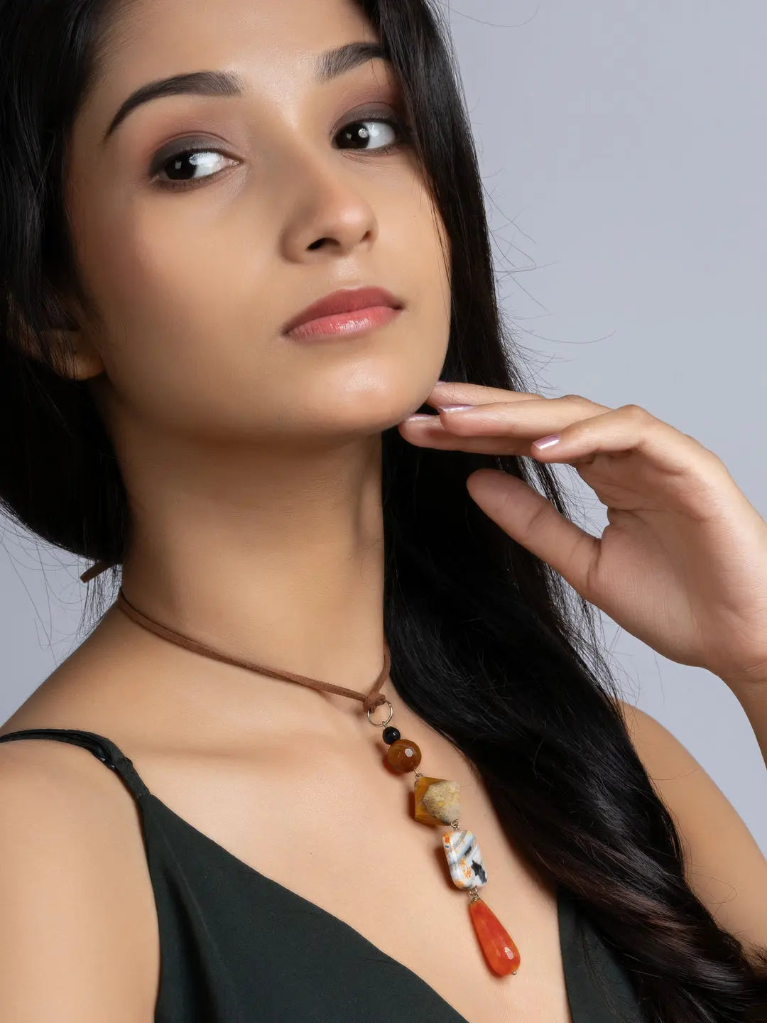 Orange Brown Onyx Agate Sleek Necklace With Adjustable Suede Cord LOOK AND ADORN - designed for you