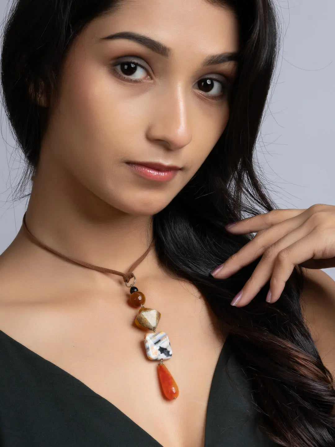 Orange Brown Onyx Agate Sleek Necklace With Adjustable Suede Cord LOOK AND ADORN - designed for you