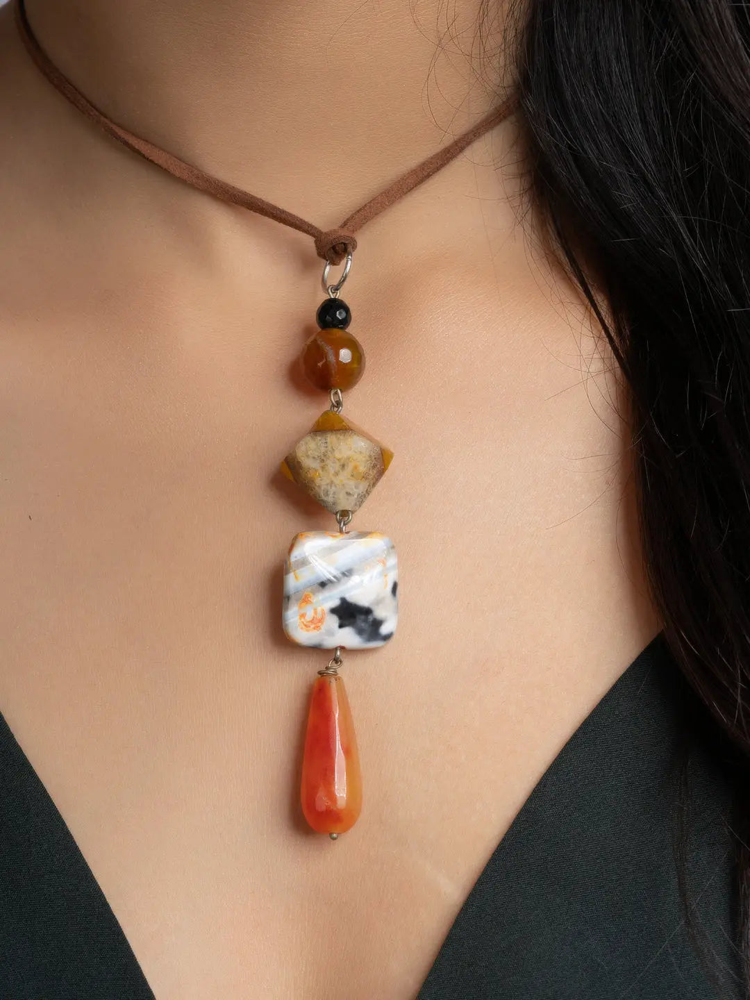 Orange Brown Onyx Agate Sleek Necklace With Adjustable Suede Cord LOOK AND ADORN - designed for you