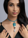 Blue White Onyx Agate Sleek Necklace With Adjustable Suede Cord