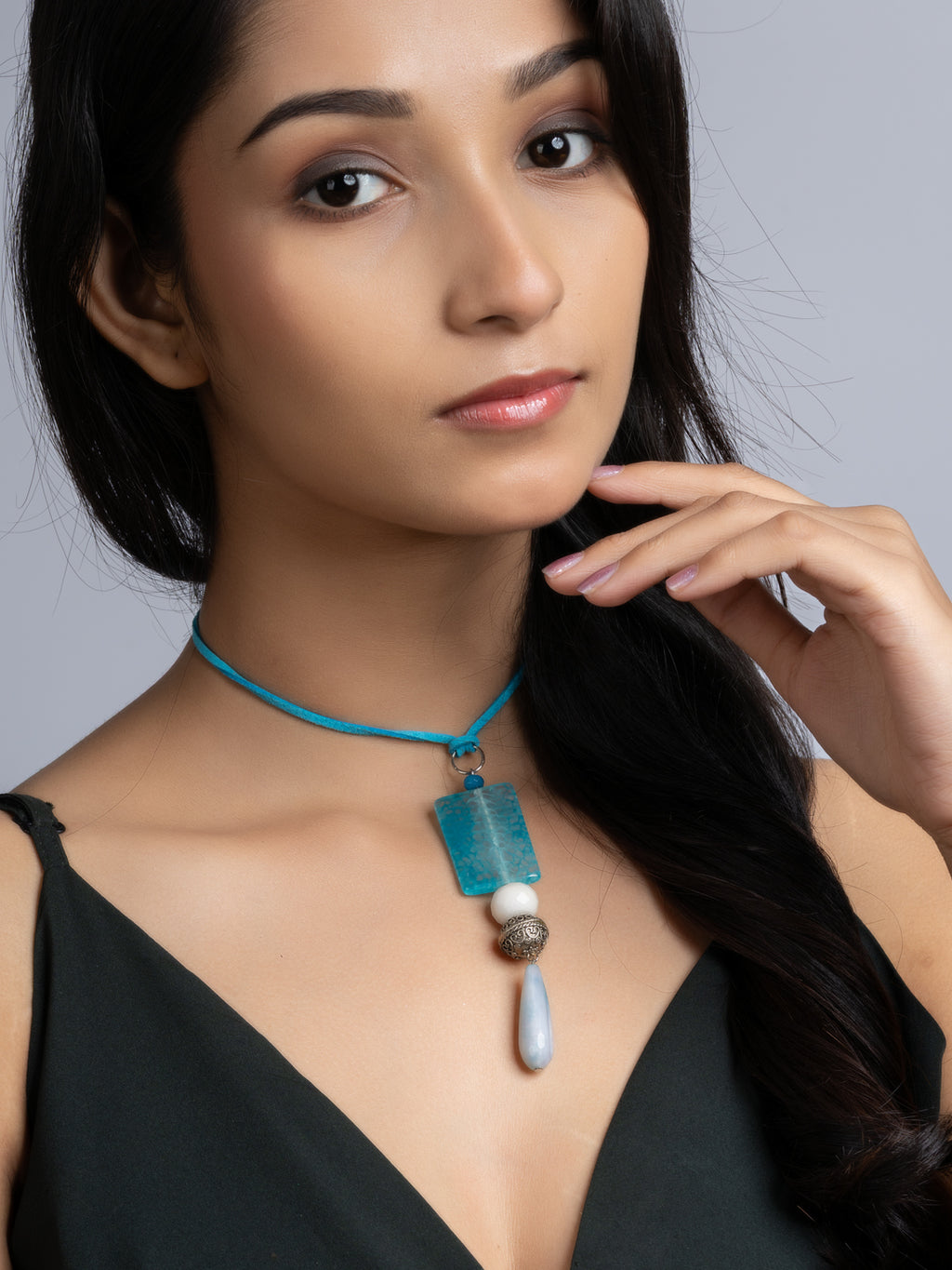 Blue White Onyx Agate Sleek Necklace With Adjustable Suede Cord